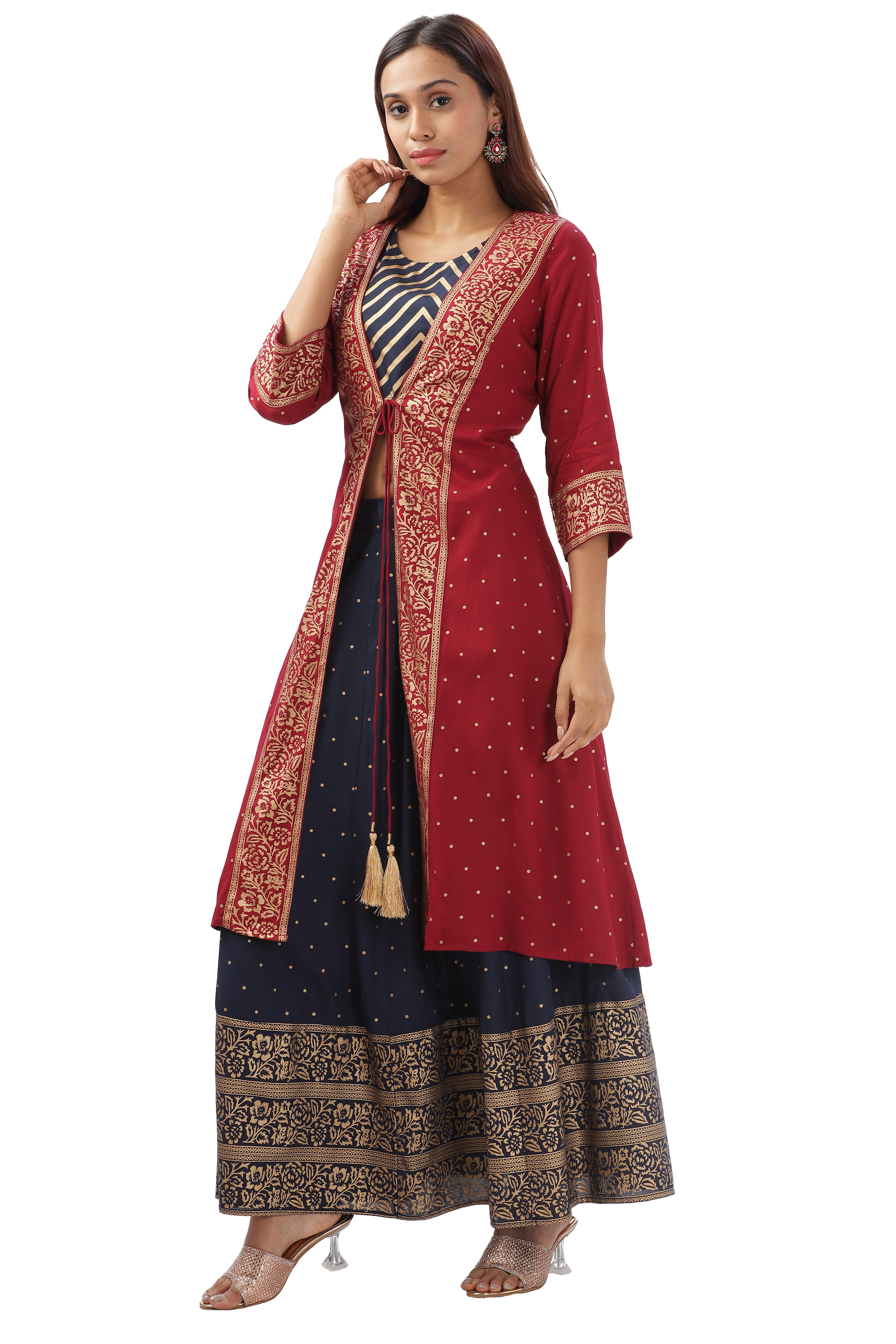 INAKSHINI Rust & Blue Foil Print Indo Western