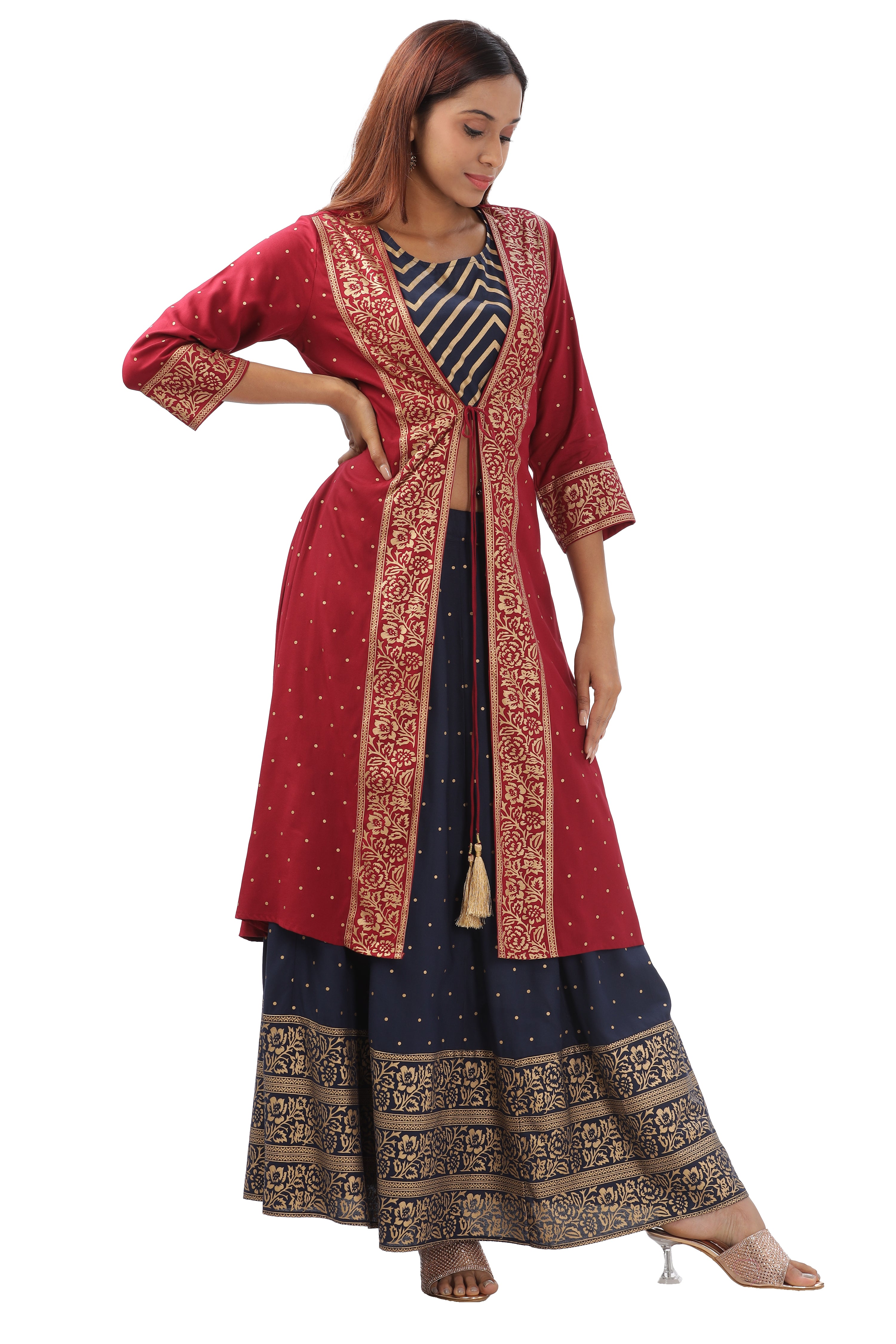 INAKSHINI Rust & Blue Foil Print Indo Western