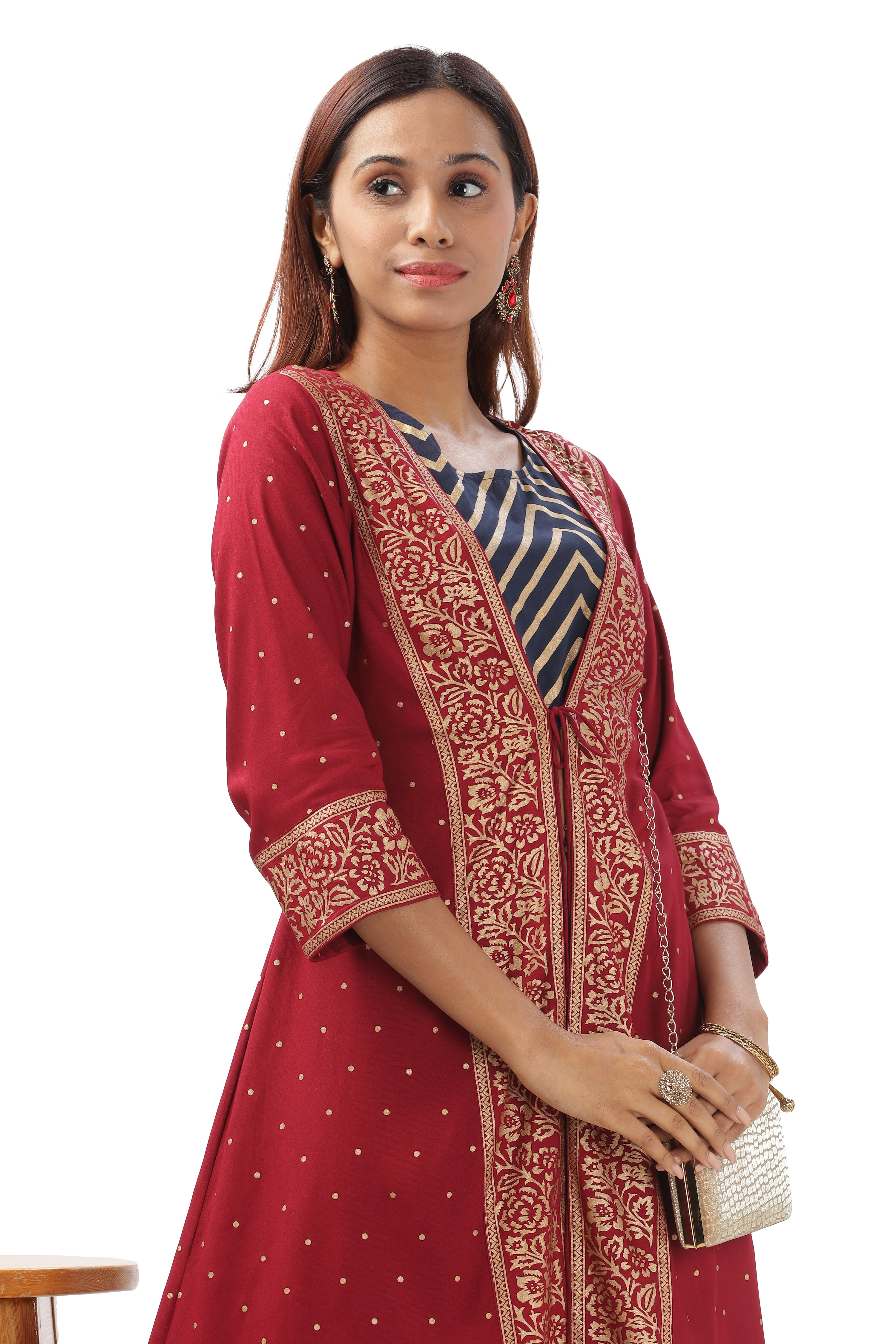 INAKSHINI Rust & Blue Foil Print Indo Western