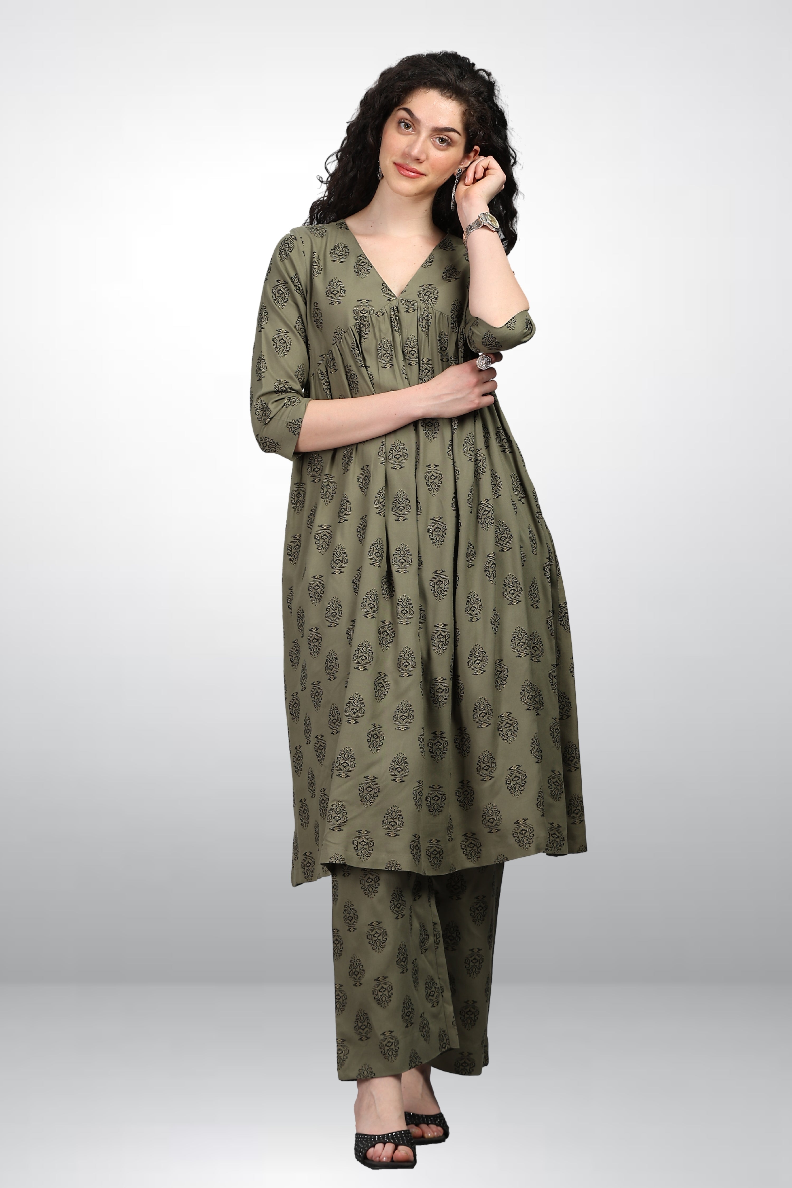 INAKSHINI Olive Printed Flared Kurti Set