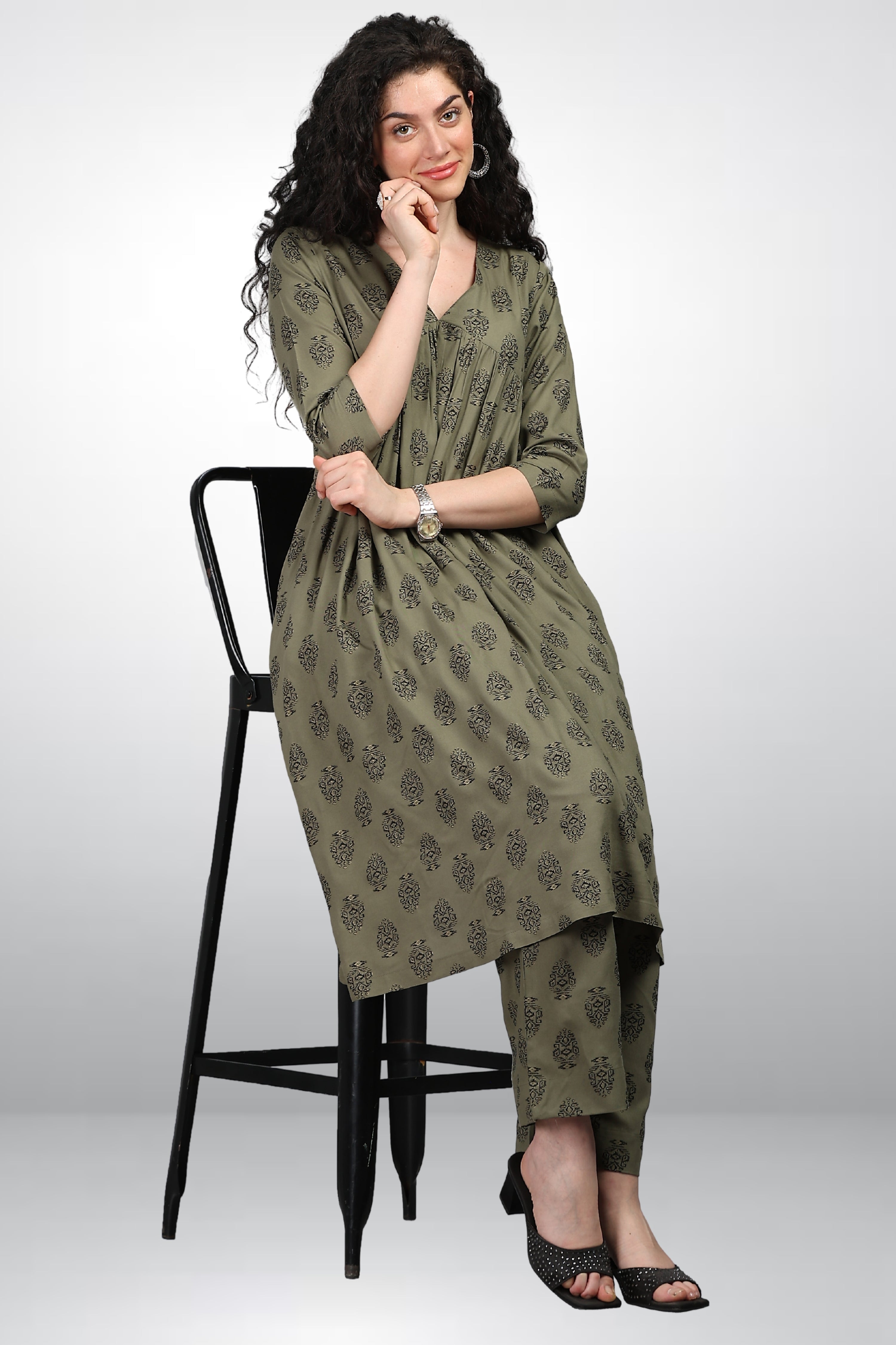 INAKSHINI Olive Printed Flared Kurti Set