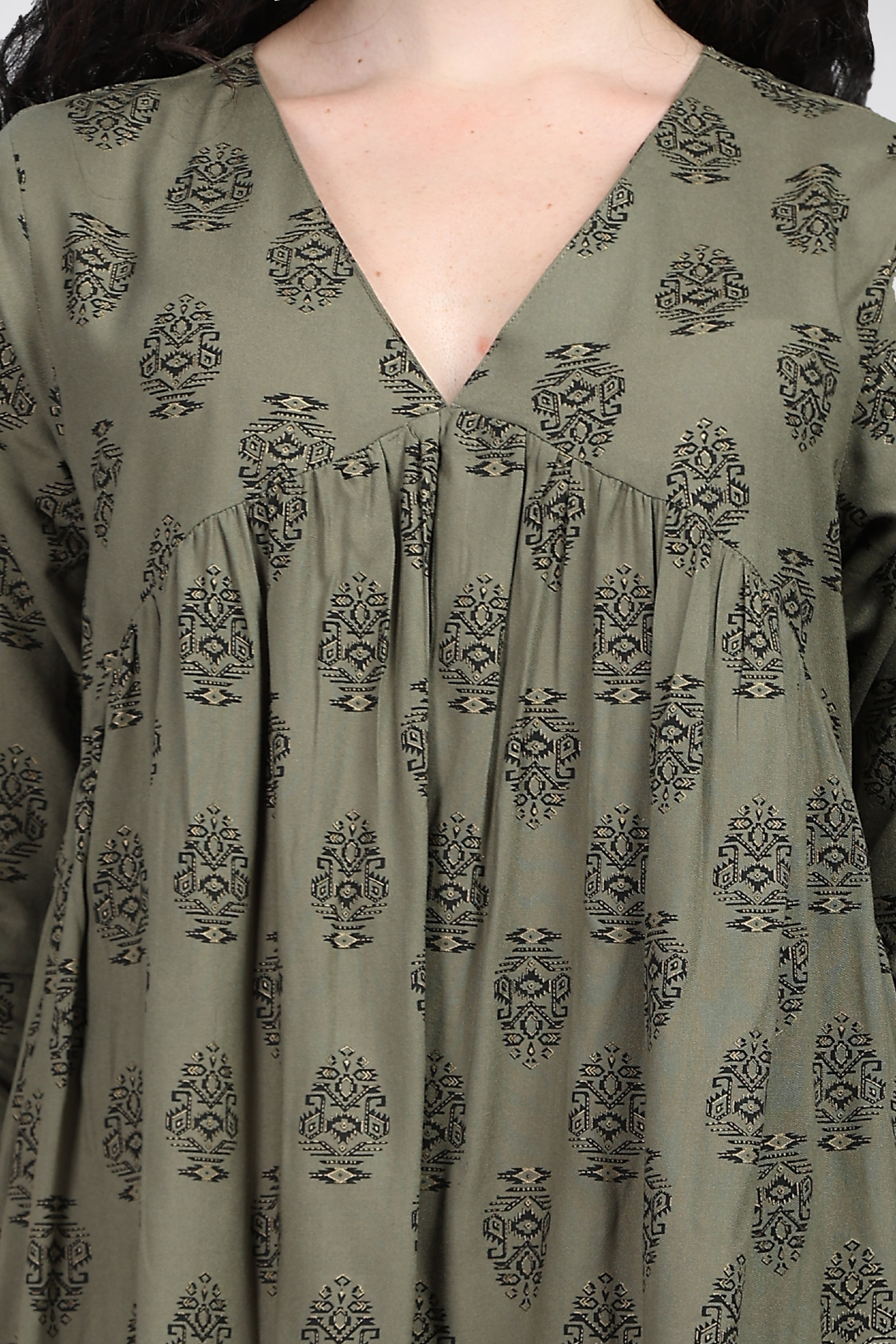 INAKSHINI Olive Printed Flared Kurti Set