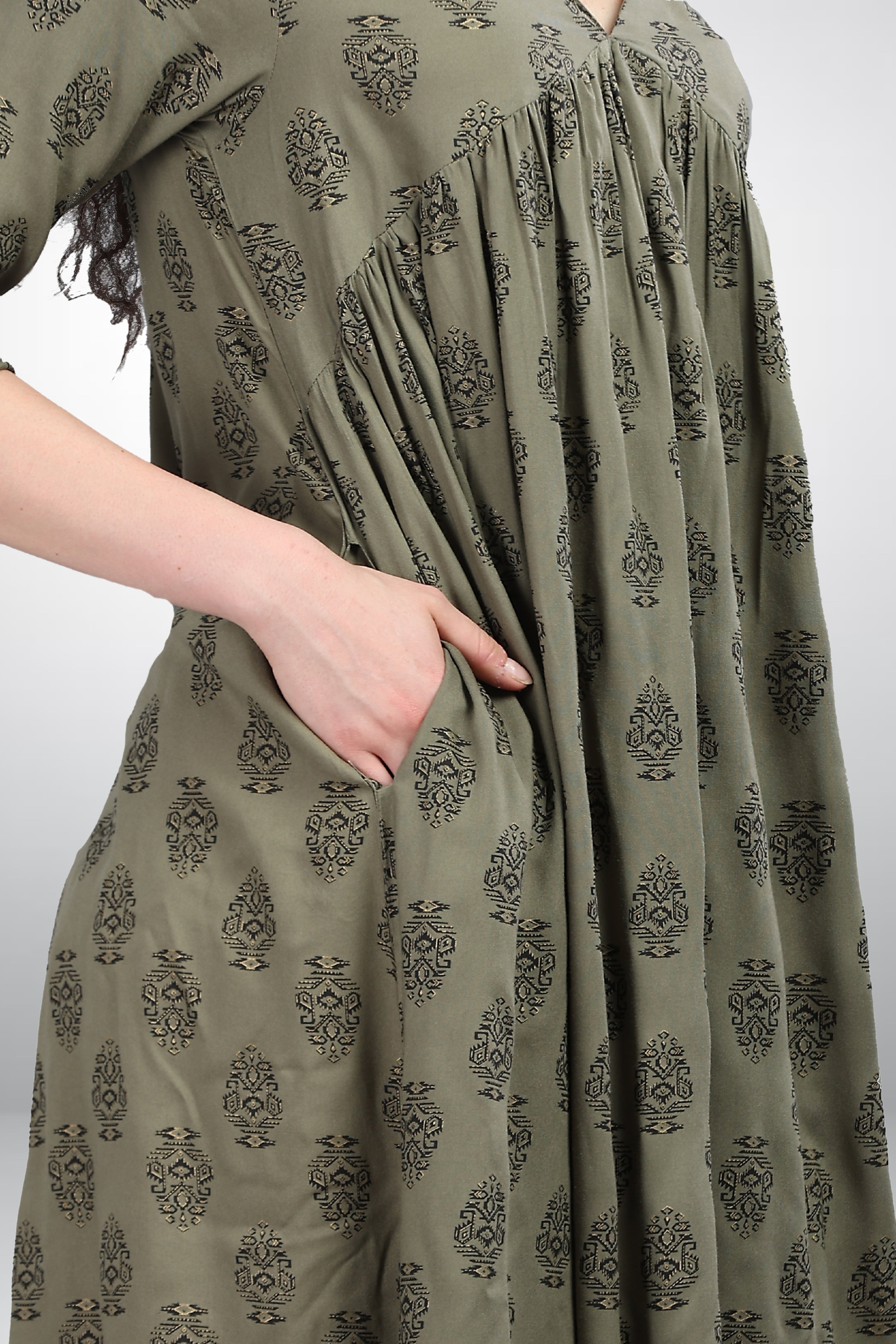 INAKSHINI Olive Printed Flared Kurti Set