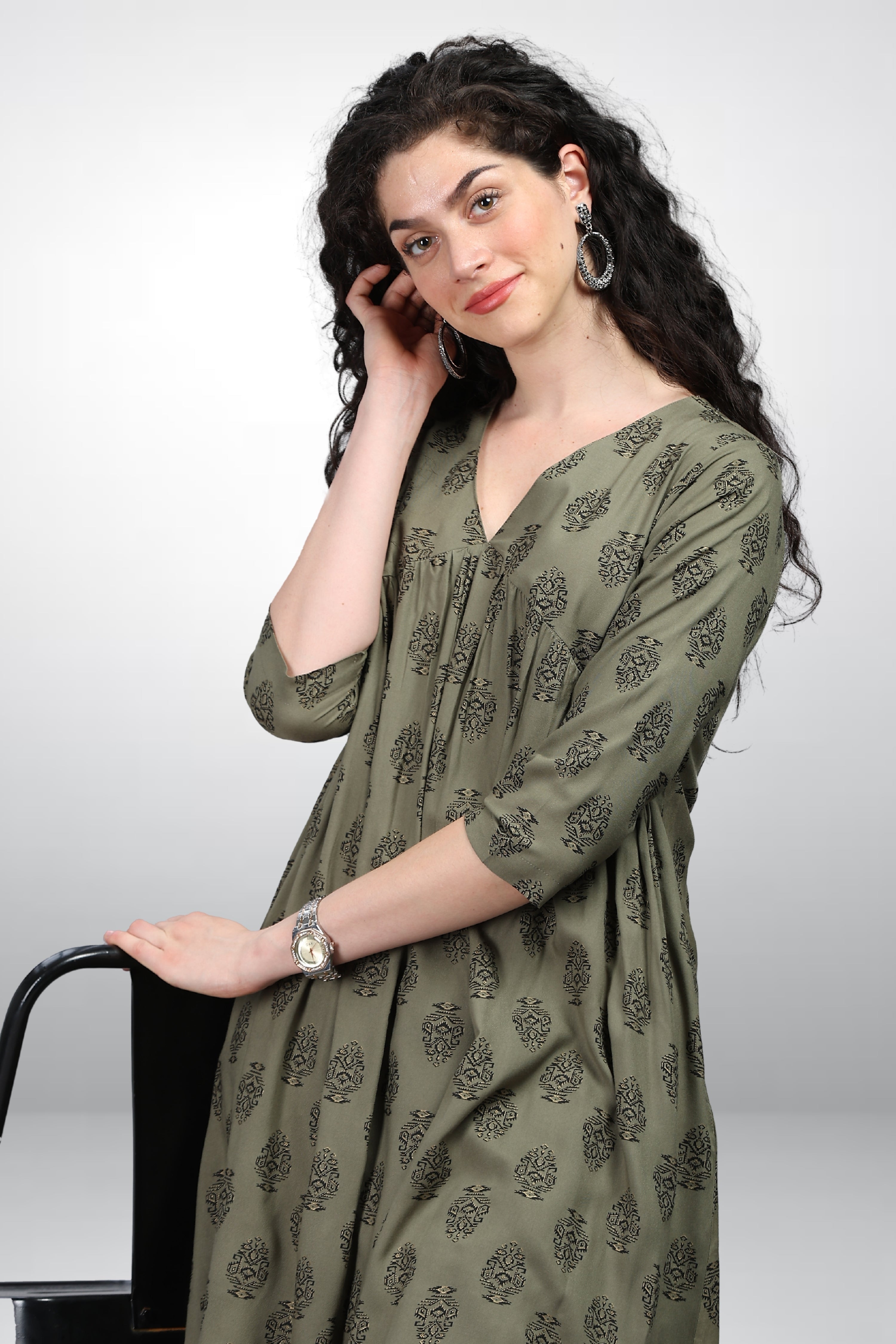 INAKSHINI Olive Printed Flared Kurti Set