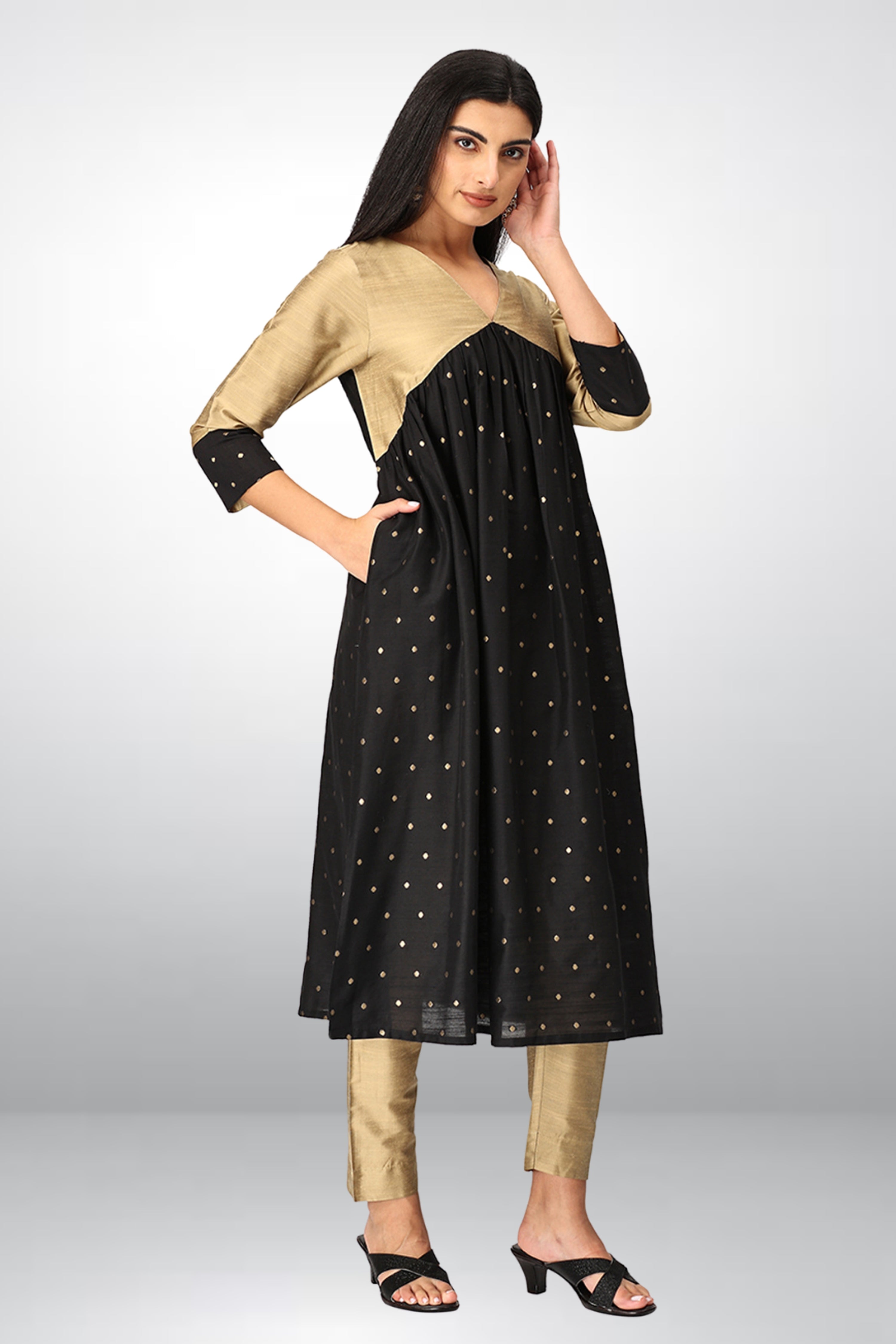 INAKSHINI Flared Black & Gold Kurti Set