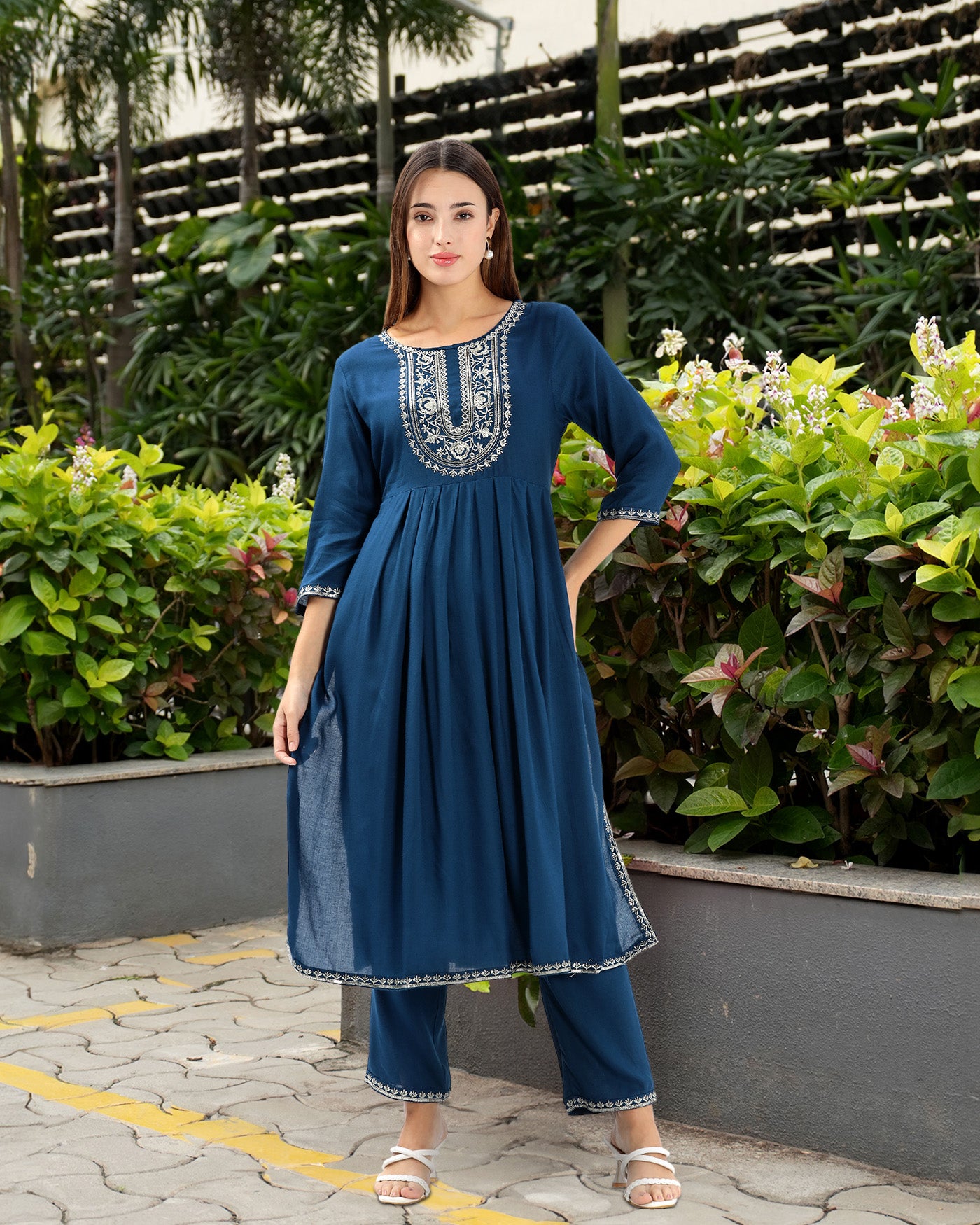 INAKSHINI Flared Cobalt Blue Kurta with Straight Pant | Kurti Set For Women