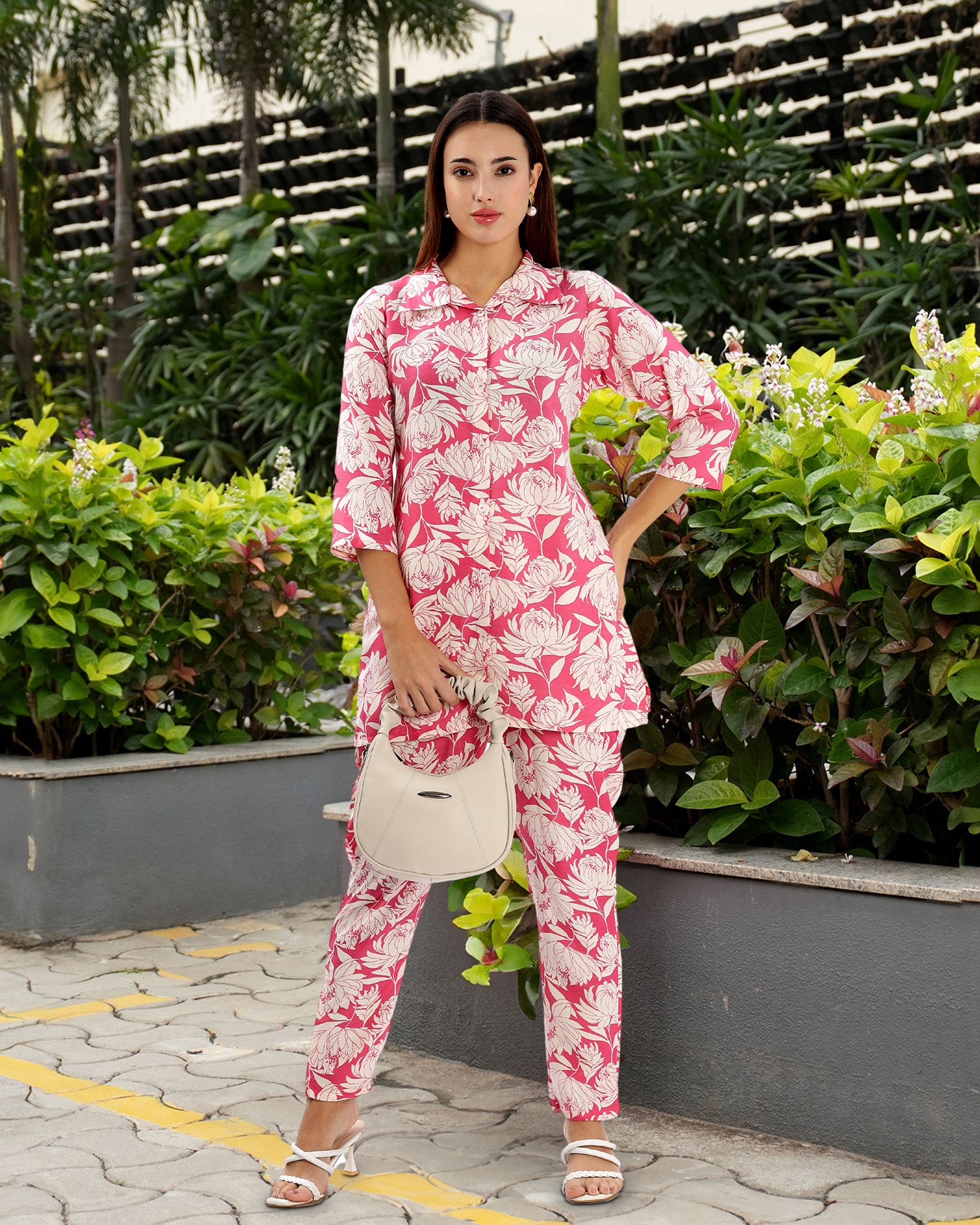 OJASWITA Off White & Pink Floral Co-rd set