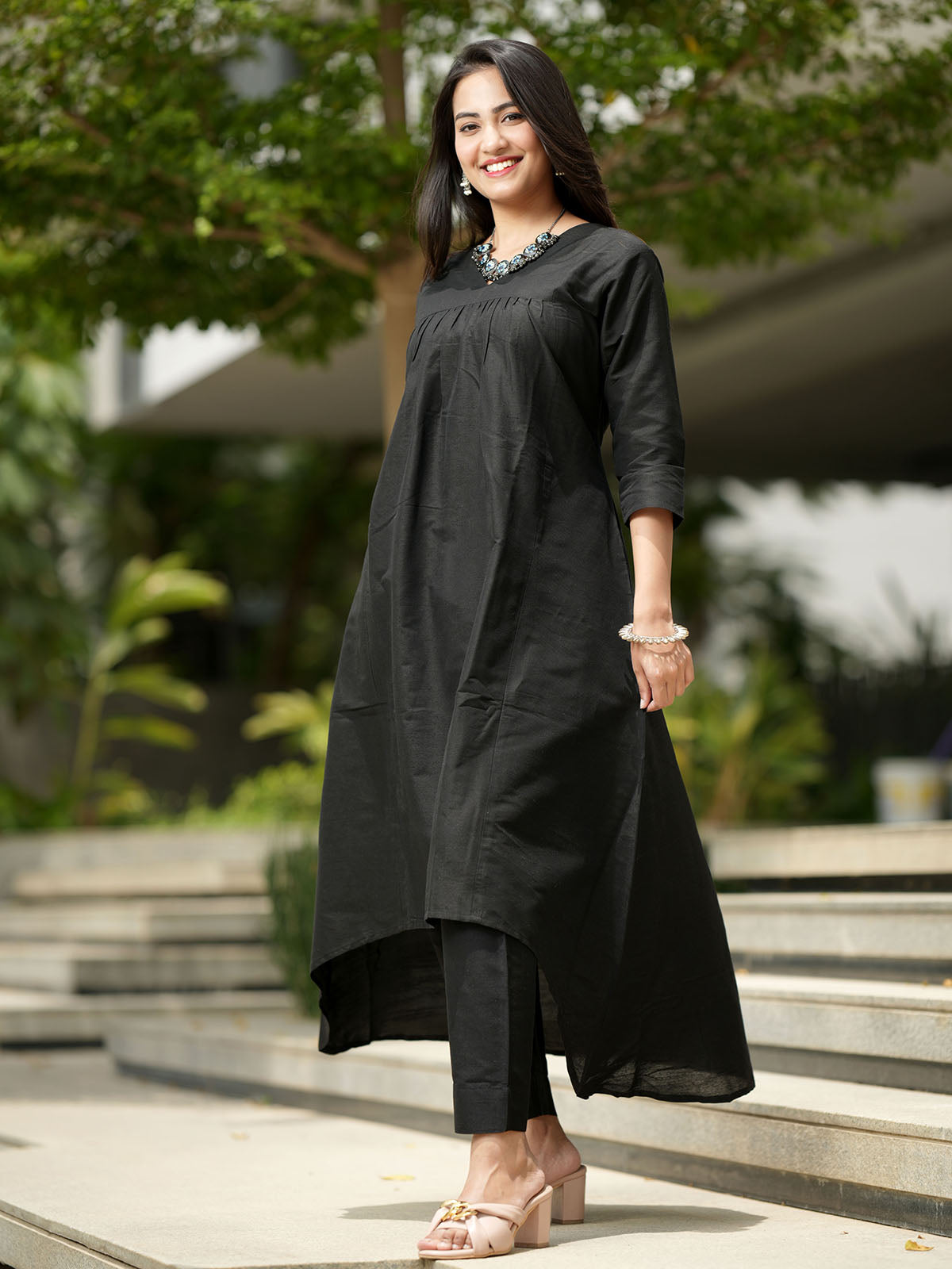 INAKSHINI Asymmetrical Solid Black Kurti Set