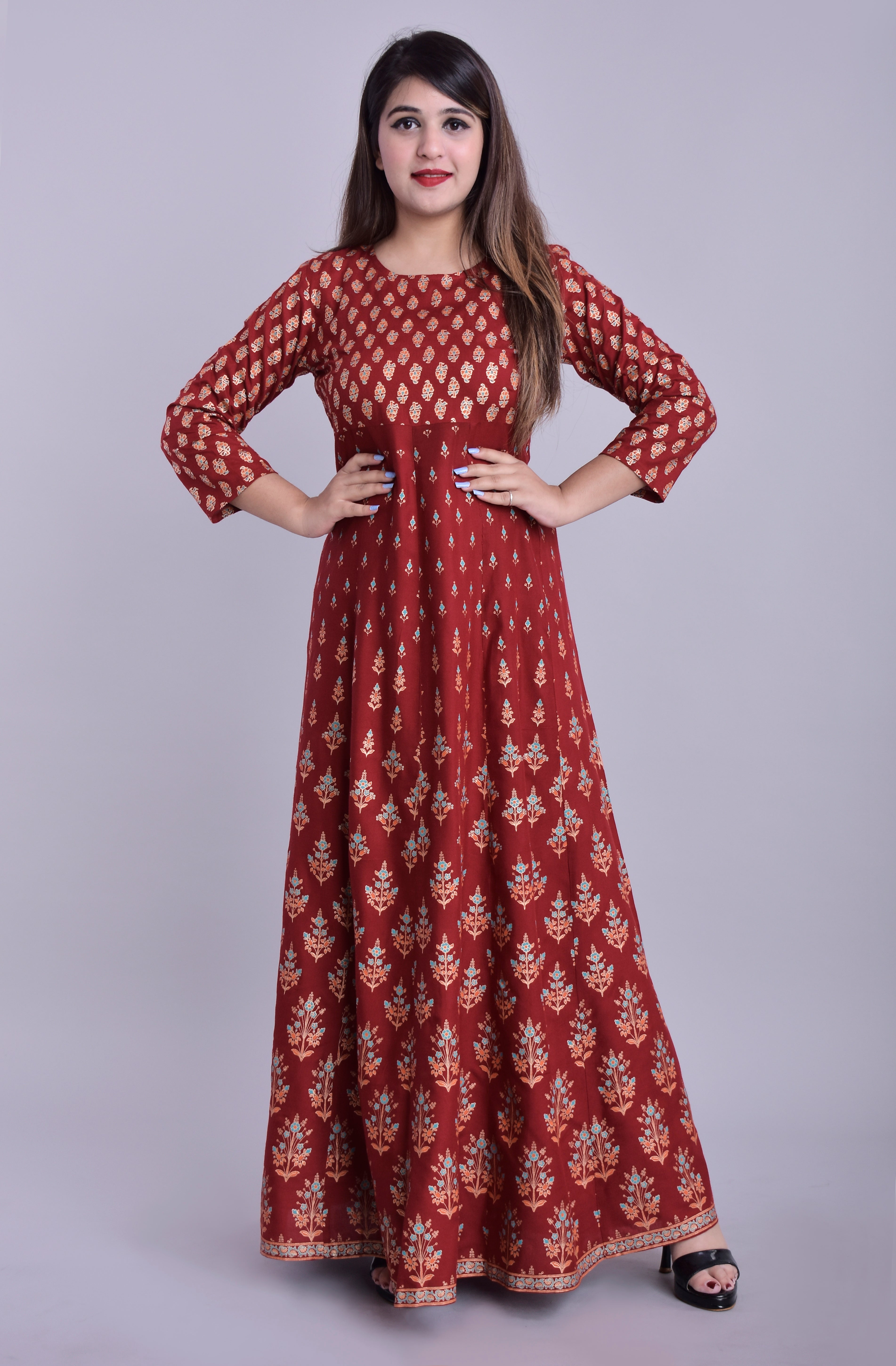 INAKSHINI Rust & Gold Foil Print Gown