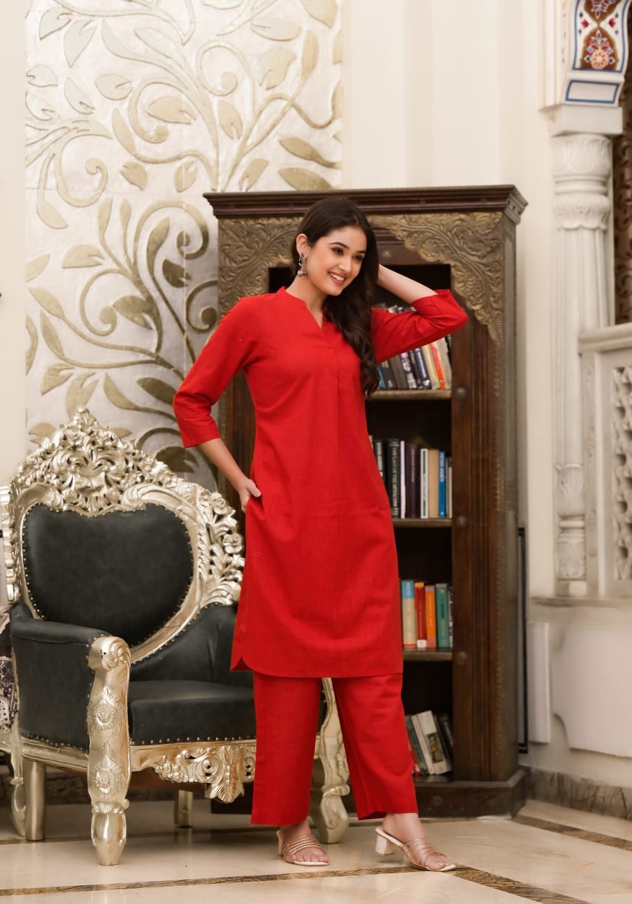 OJASWITA Solid Red Co-rd set