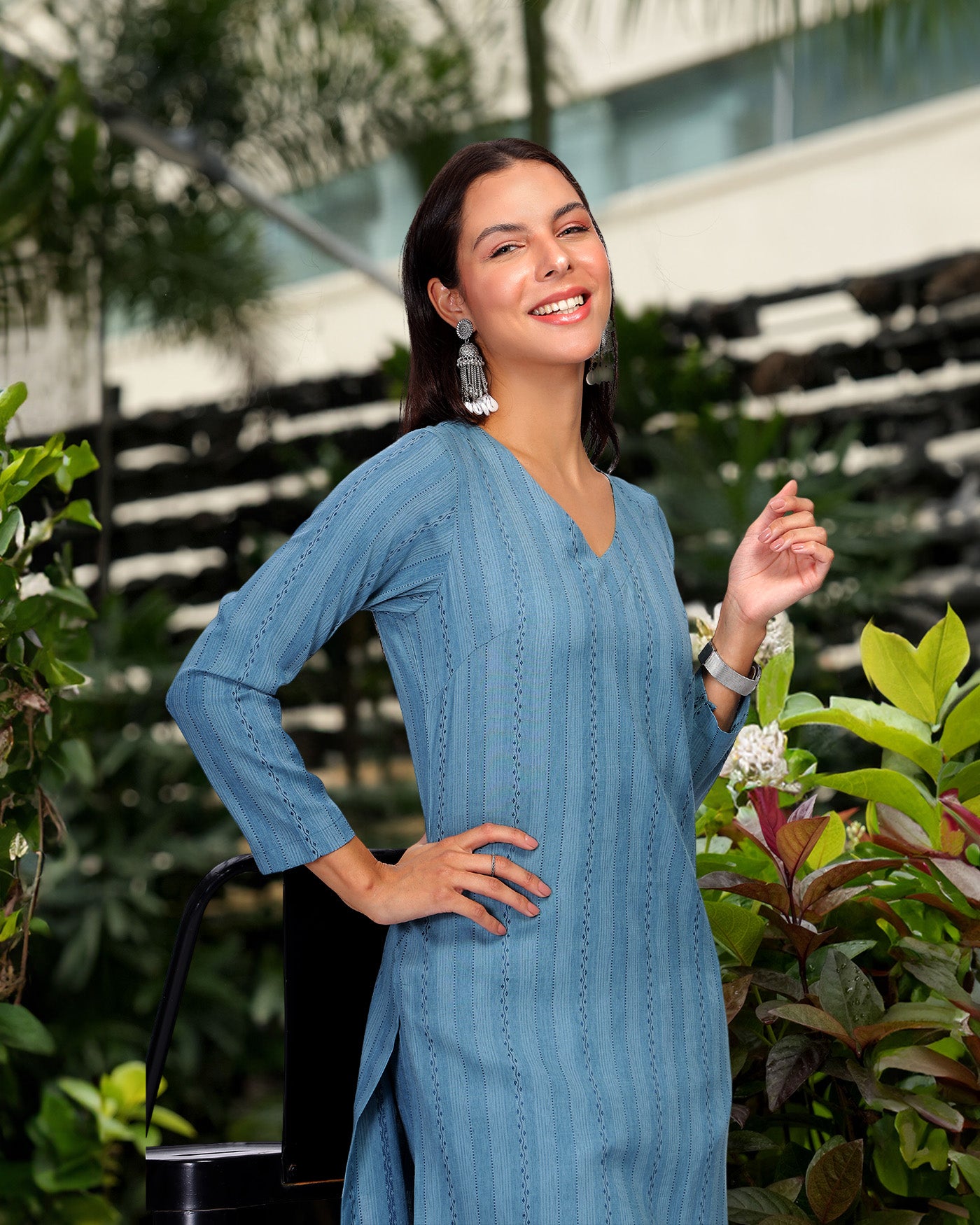 INAKSHINI Sky Blue V-Neck Kurti Set