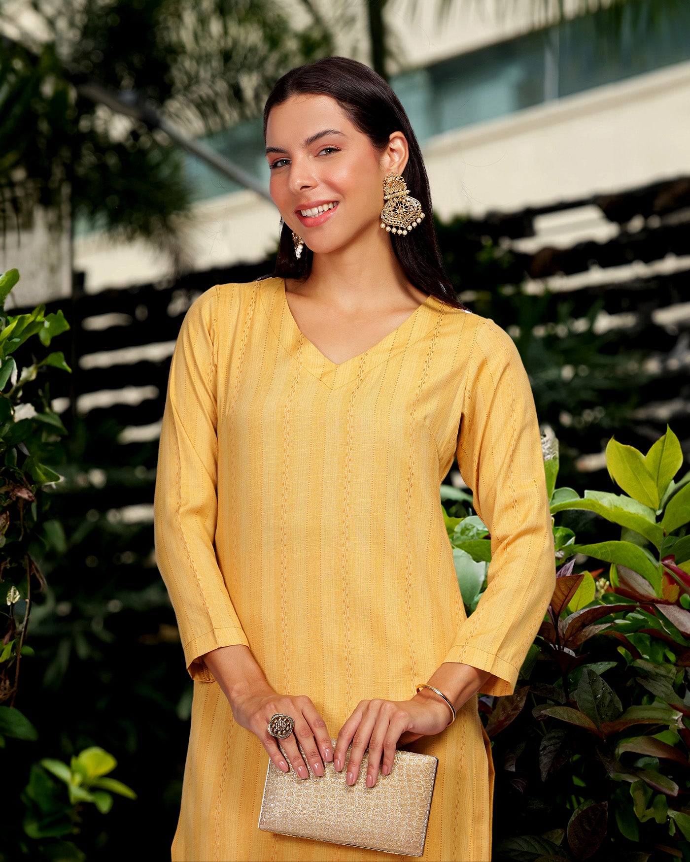 INAKSHINI Yellow V-Neck Kurti Set