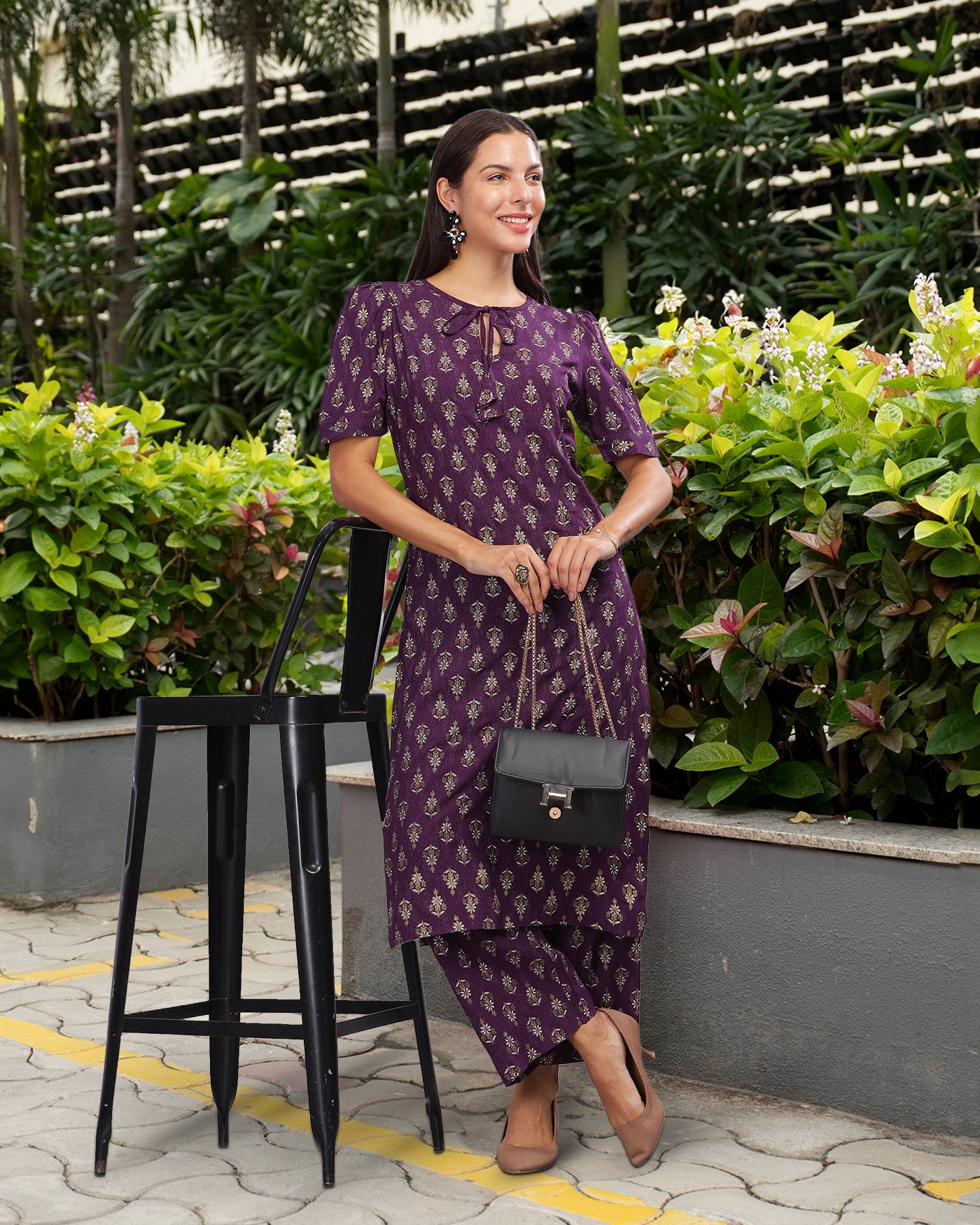 INAKSHINI Purple Foil print Kurti Set
