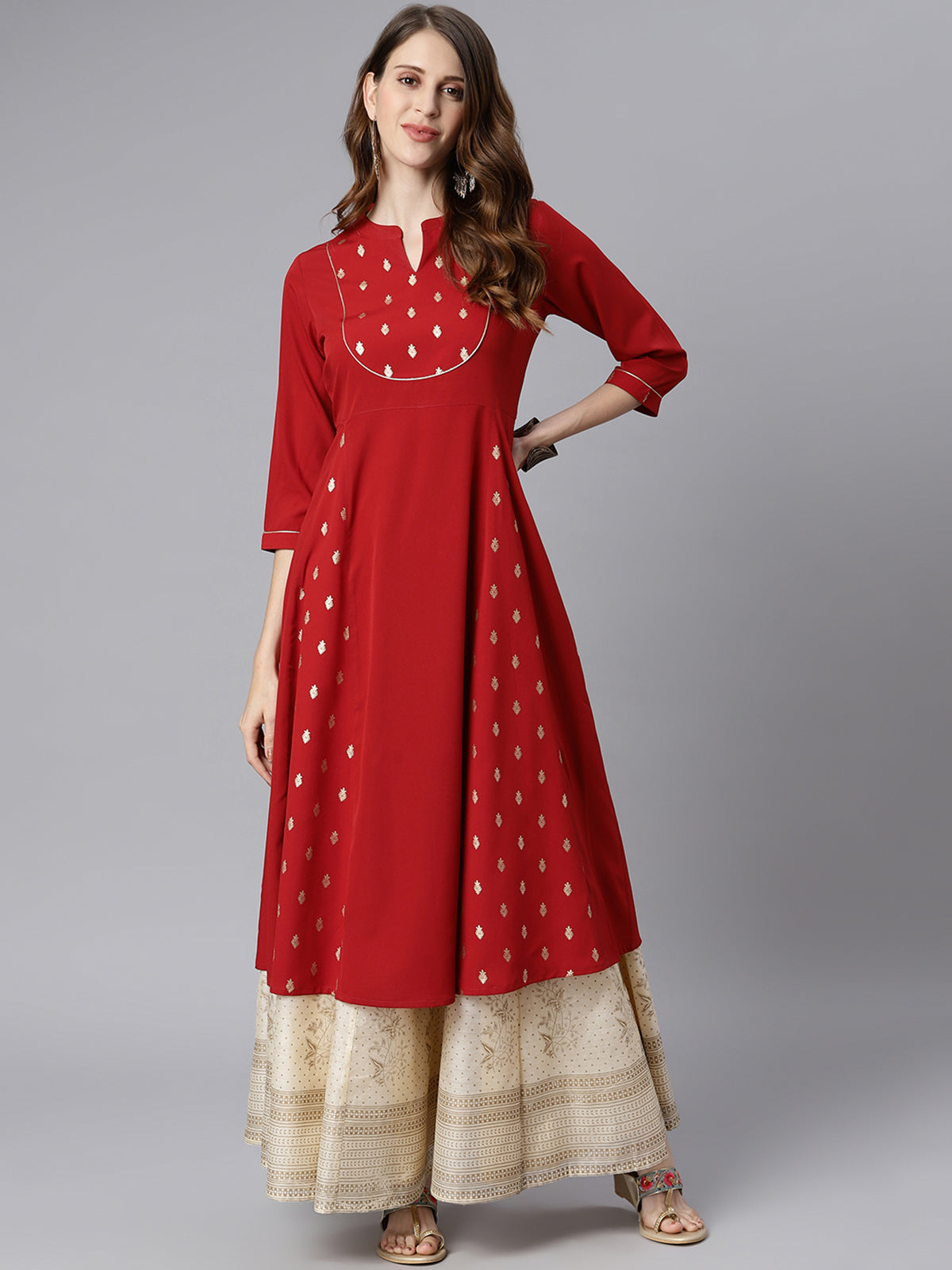 INAKSHINI Red & Gold Foil Print Flared Kurti
