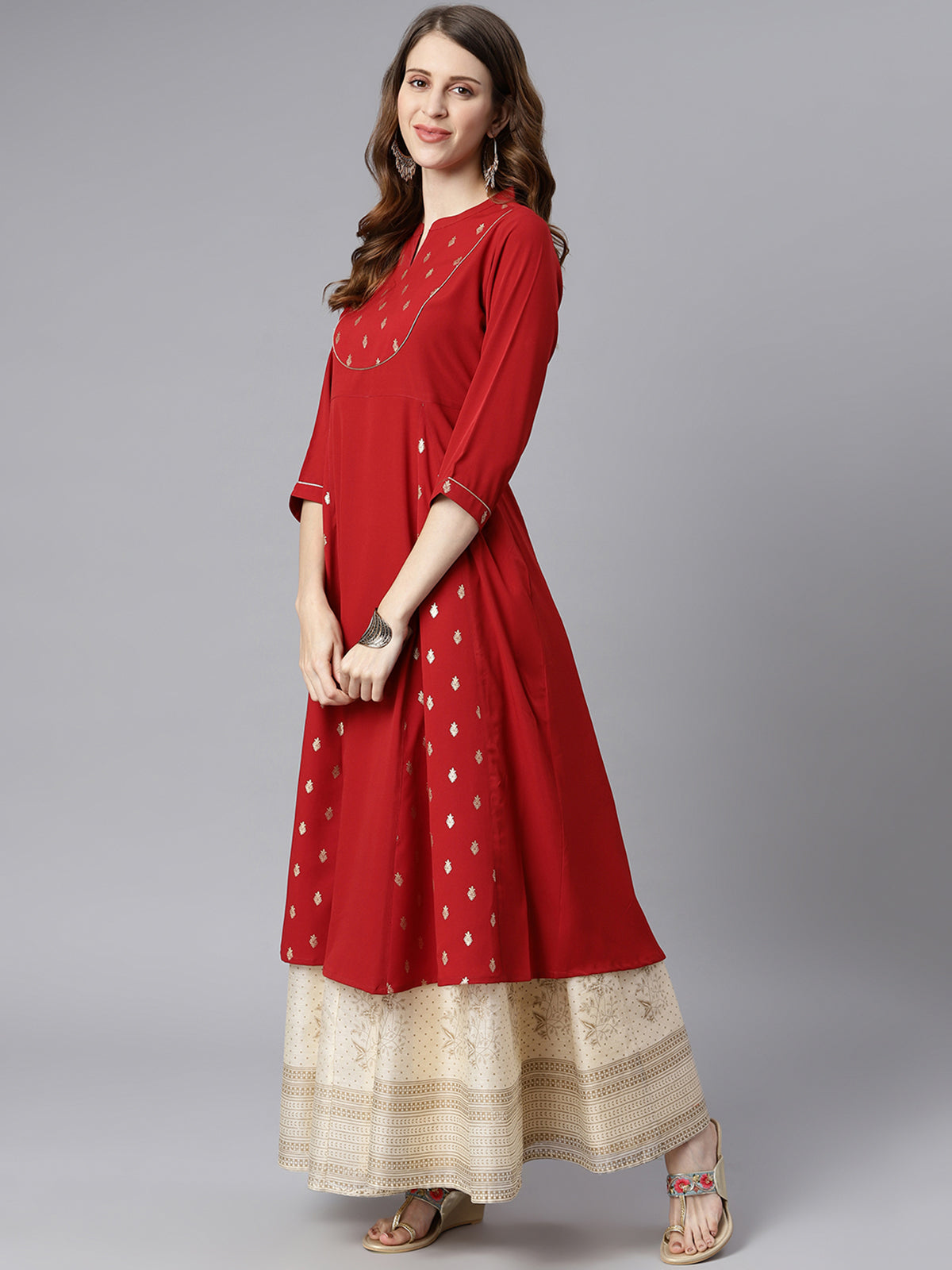 INAKSHINI Red & Gold Foil Print Flared Kurti