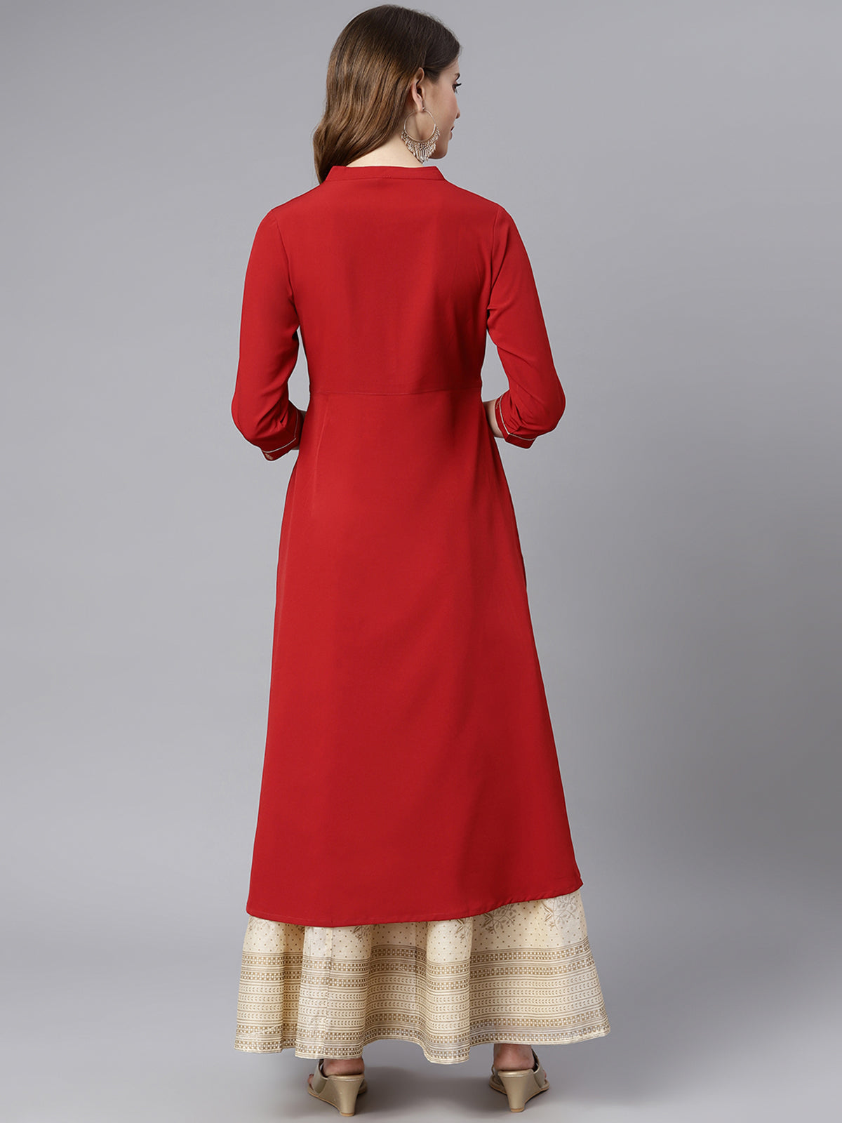 INAKSHINI Red & Gold Foil Print Flared Kurti
