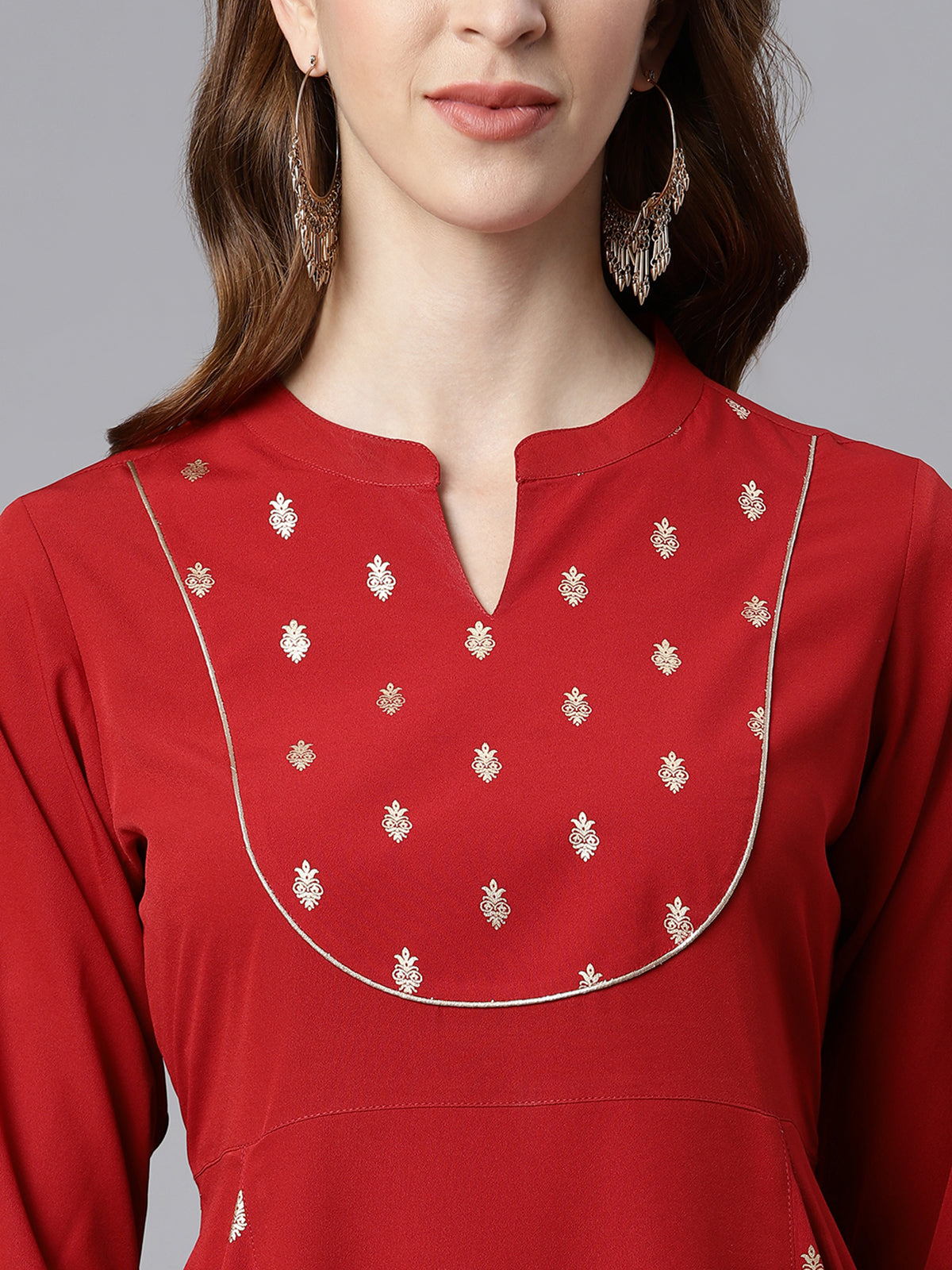 INAKSHINI Red & Gold Foil Print Flared Kurti