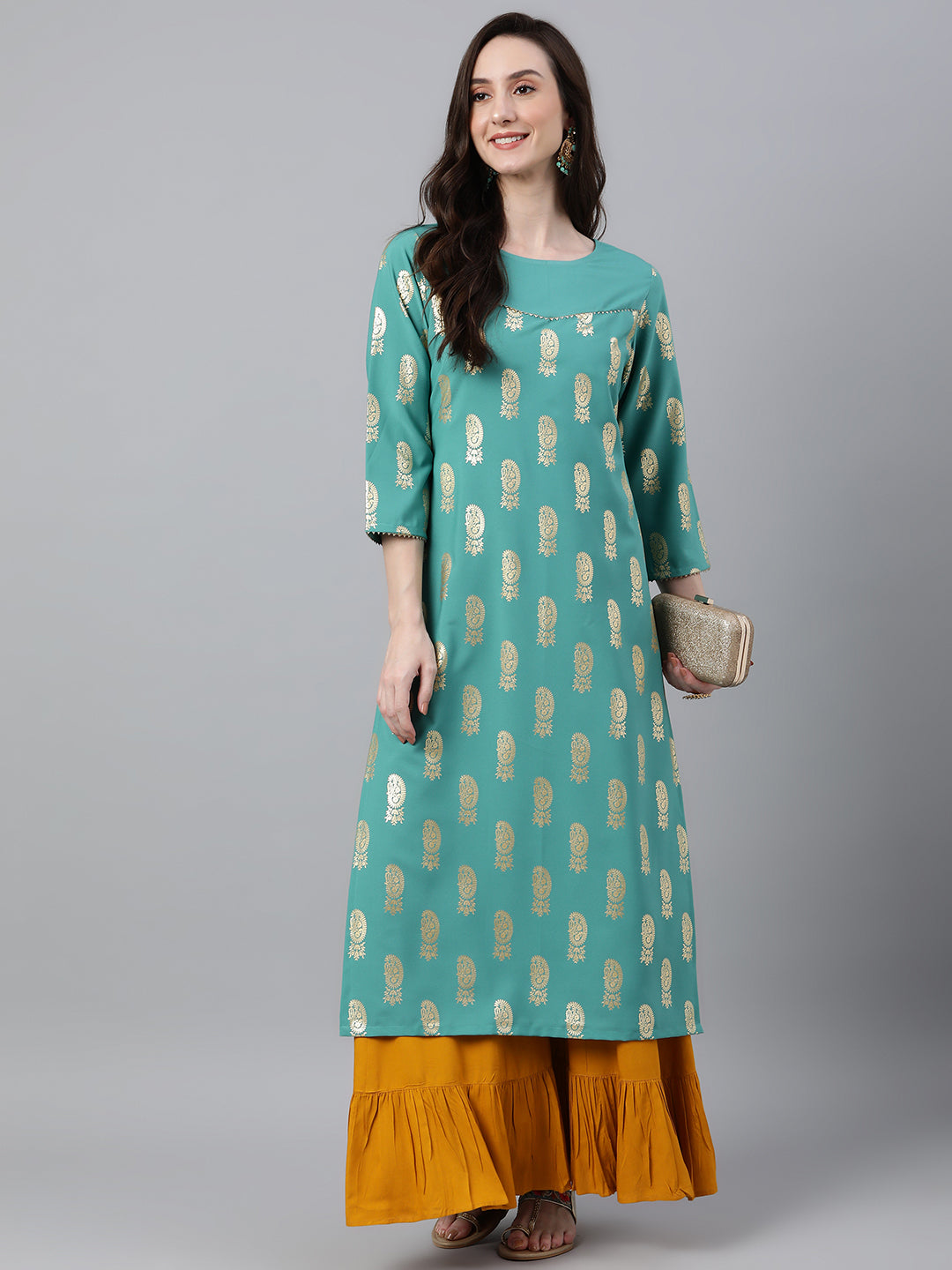 INAKSHINI Sea Green & Gold Paisley Foil Print Flared Kurti