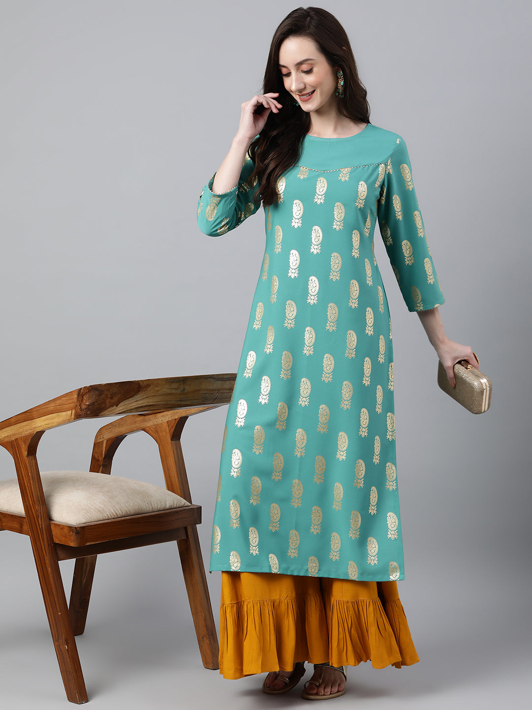 INAKSHINI Sea Green & Gold Paisley Foil Print Flared Kurti