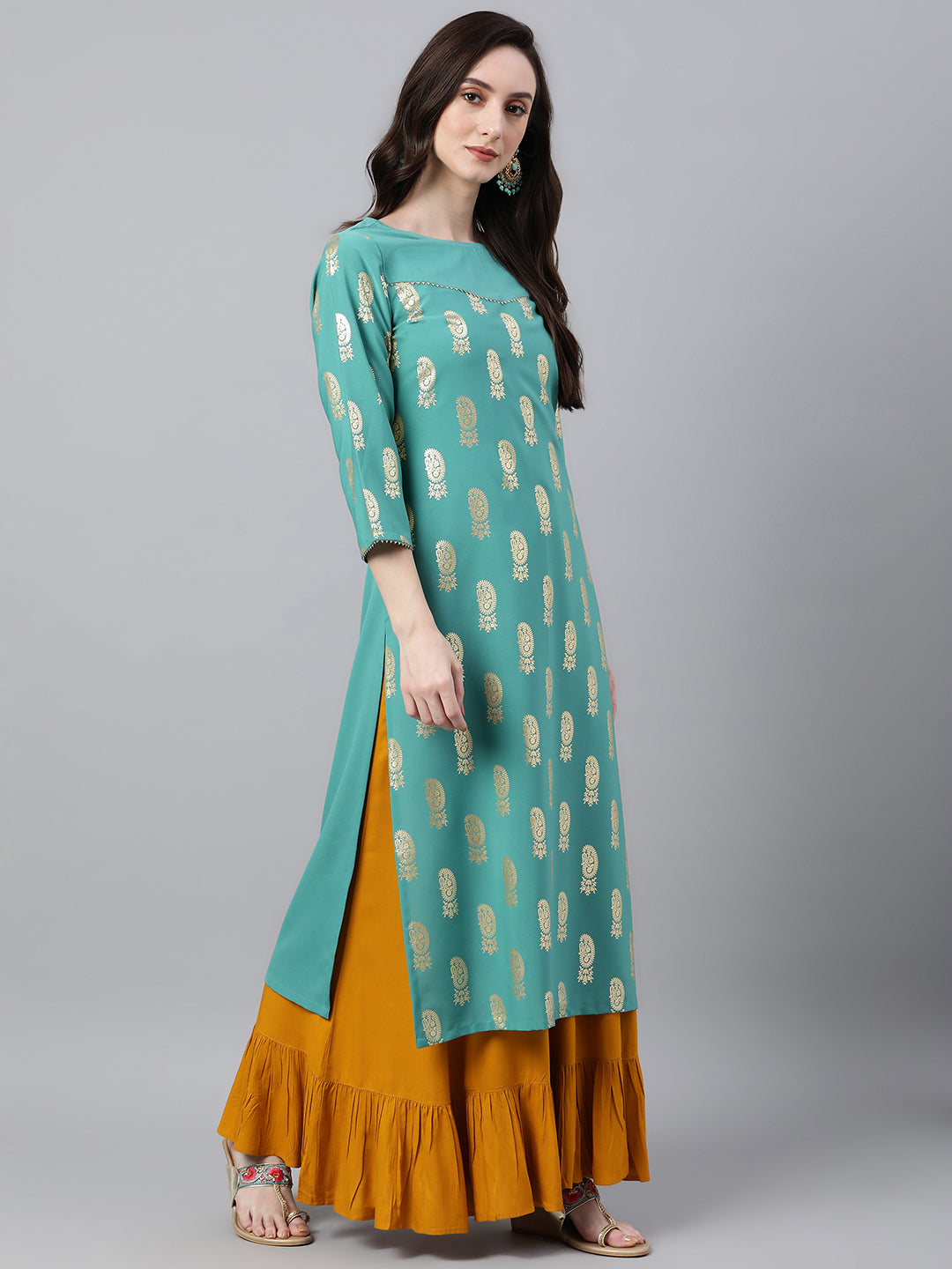INAKSHINI Sea Green & Gold Paisley Foil Print Flared Kurti