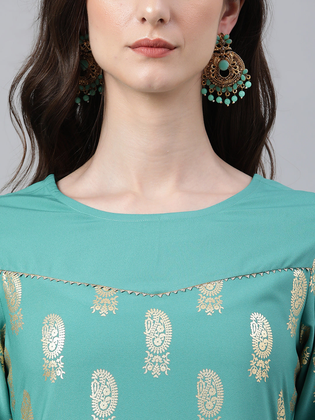 INAKSHINI Sea Green & Gold Paisley Foil Print Flared Kurti