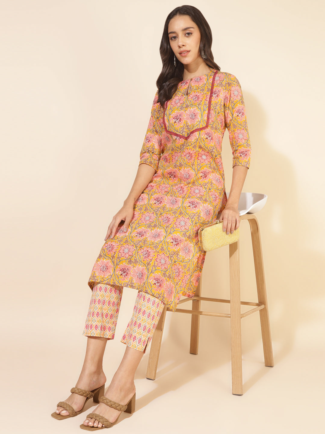 OJASWITA Yellow Floral Print Kurti Set