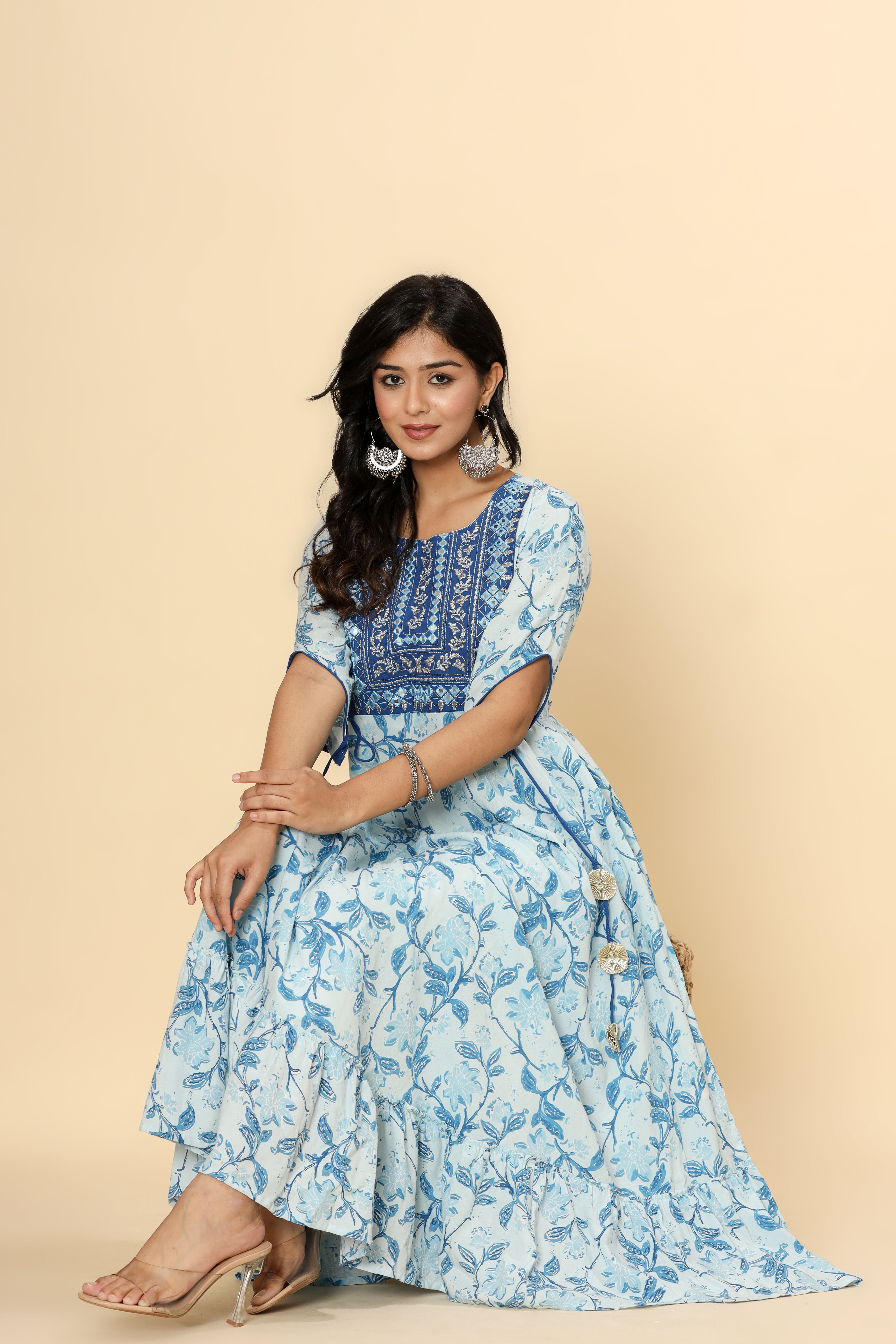 OJASWITA Blue & White Floral Print Gown