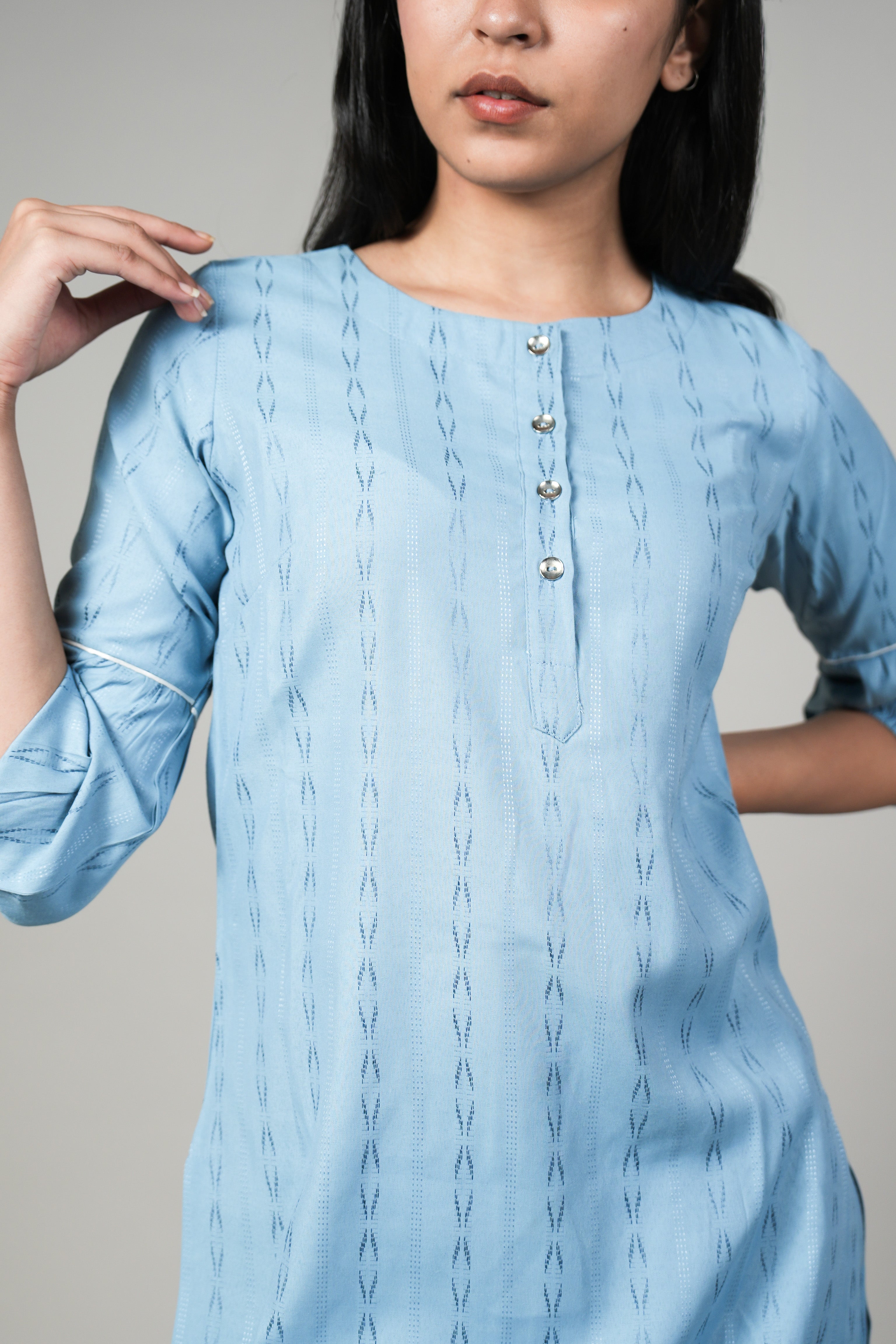 INAKSHINI Sky Blue Double Placket Kurta with Straight Pant | Kurti Set for Woman