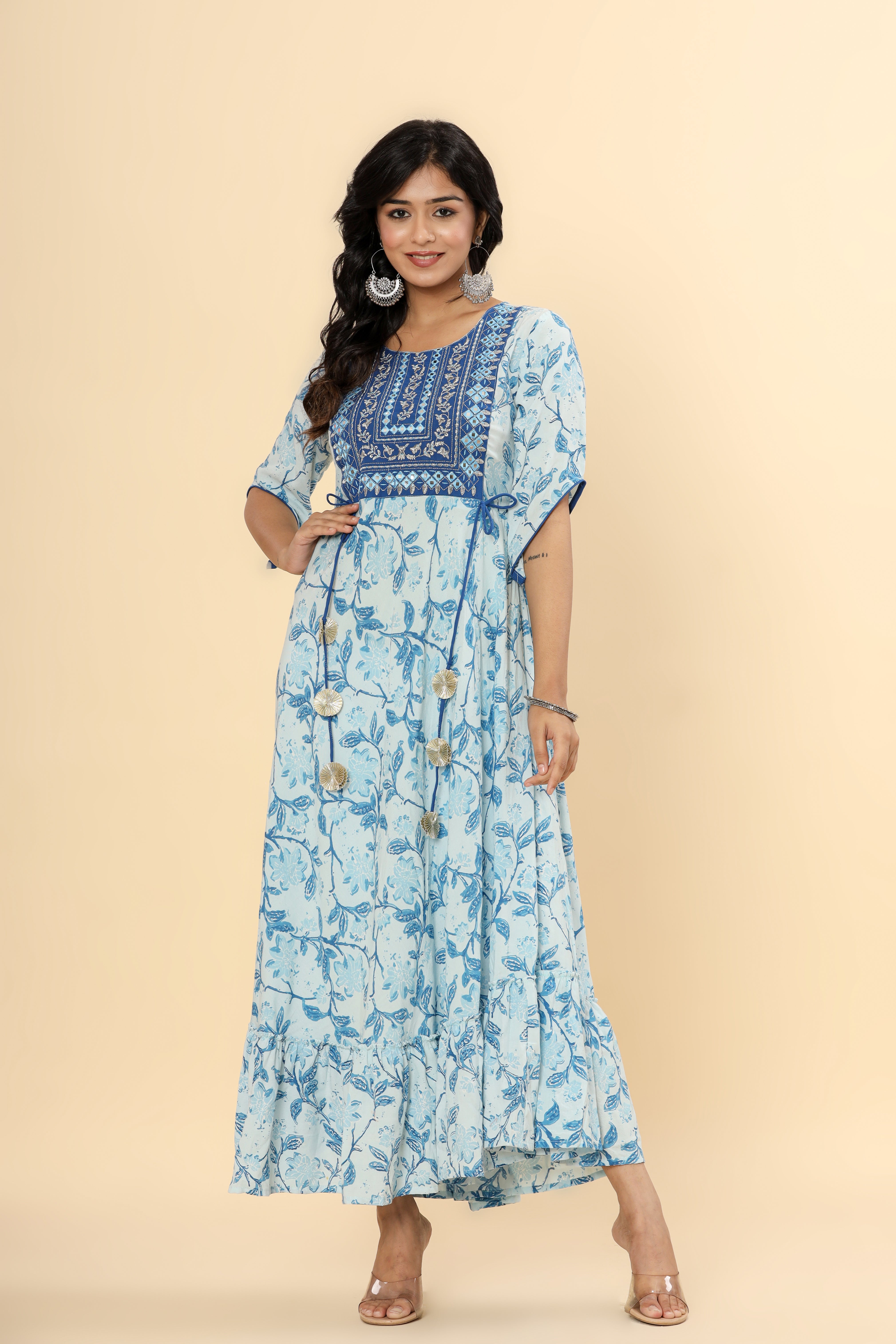 OJASWITA Blue & White Floral Print Gown