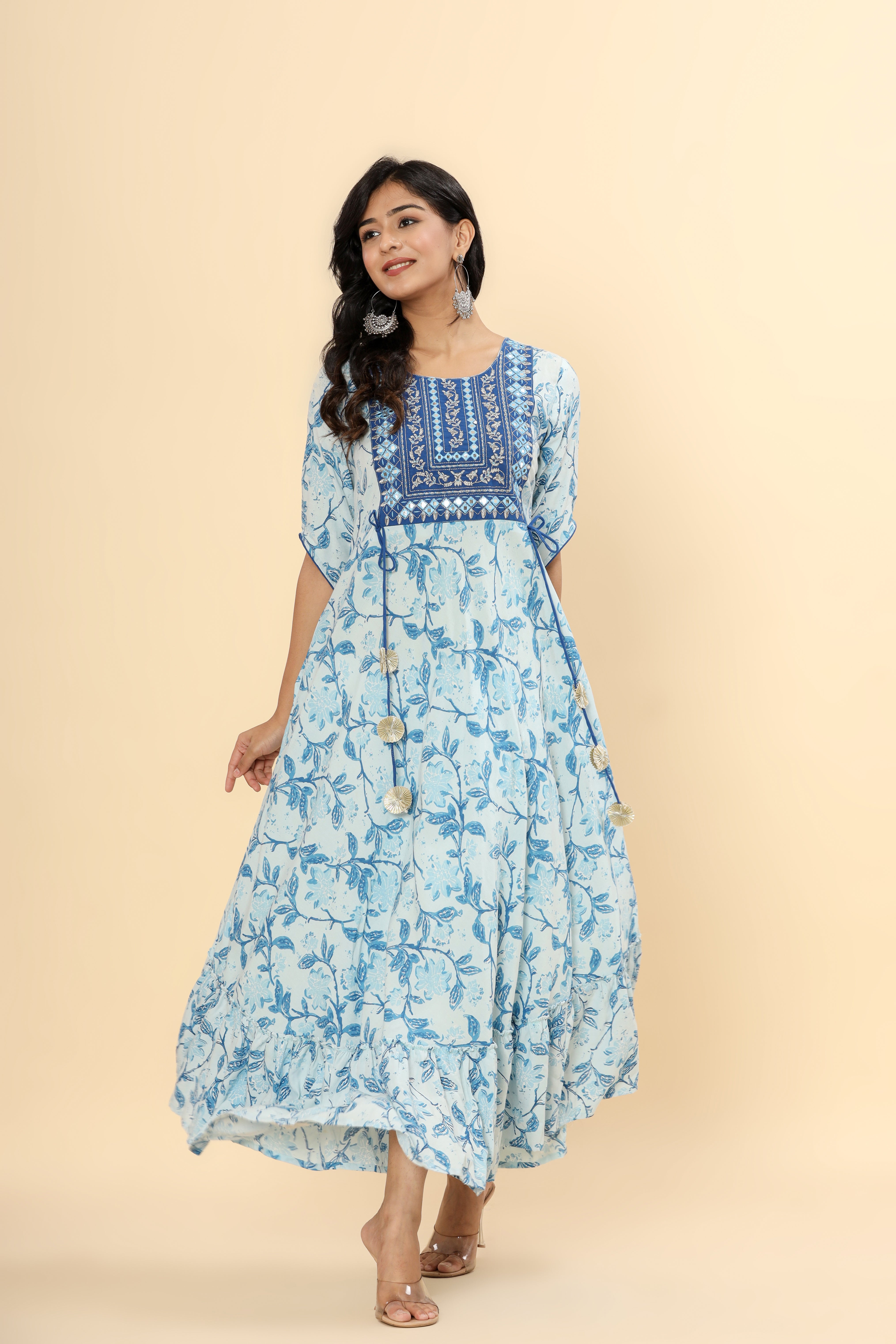 OJASWITA Blue & White Floral Print Gown