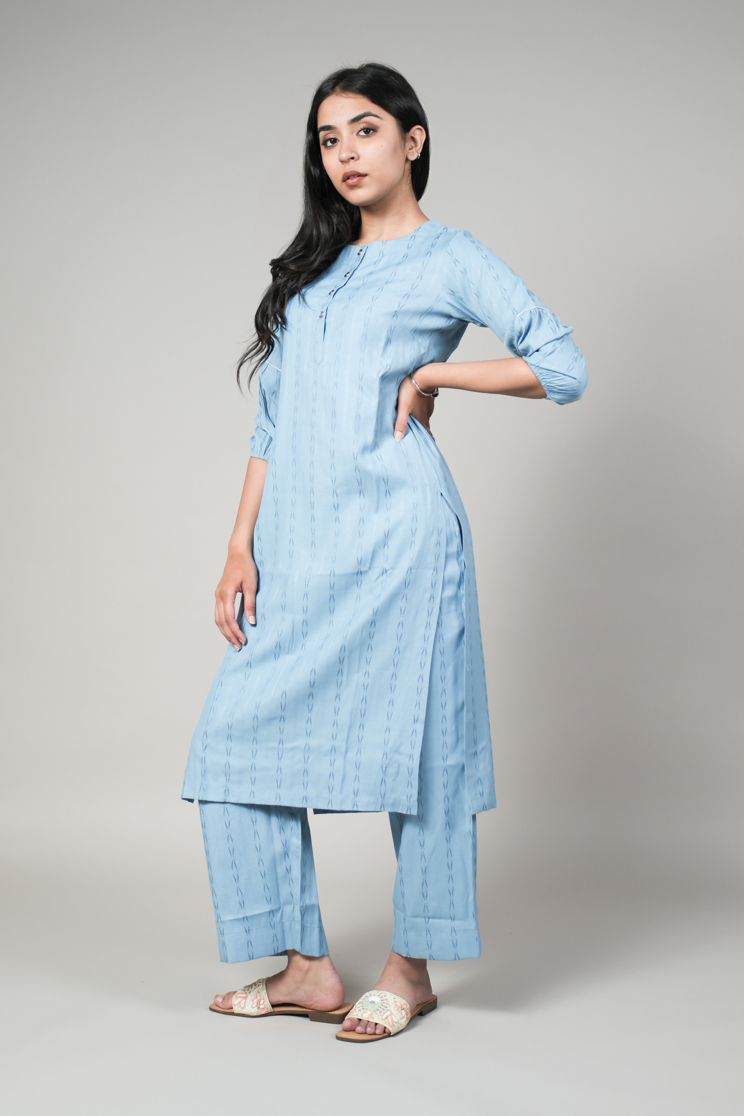 INAKSHINI Sky Blue Double Placket Kurta with Straight Pant | Kurti Set for Woman