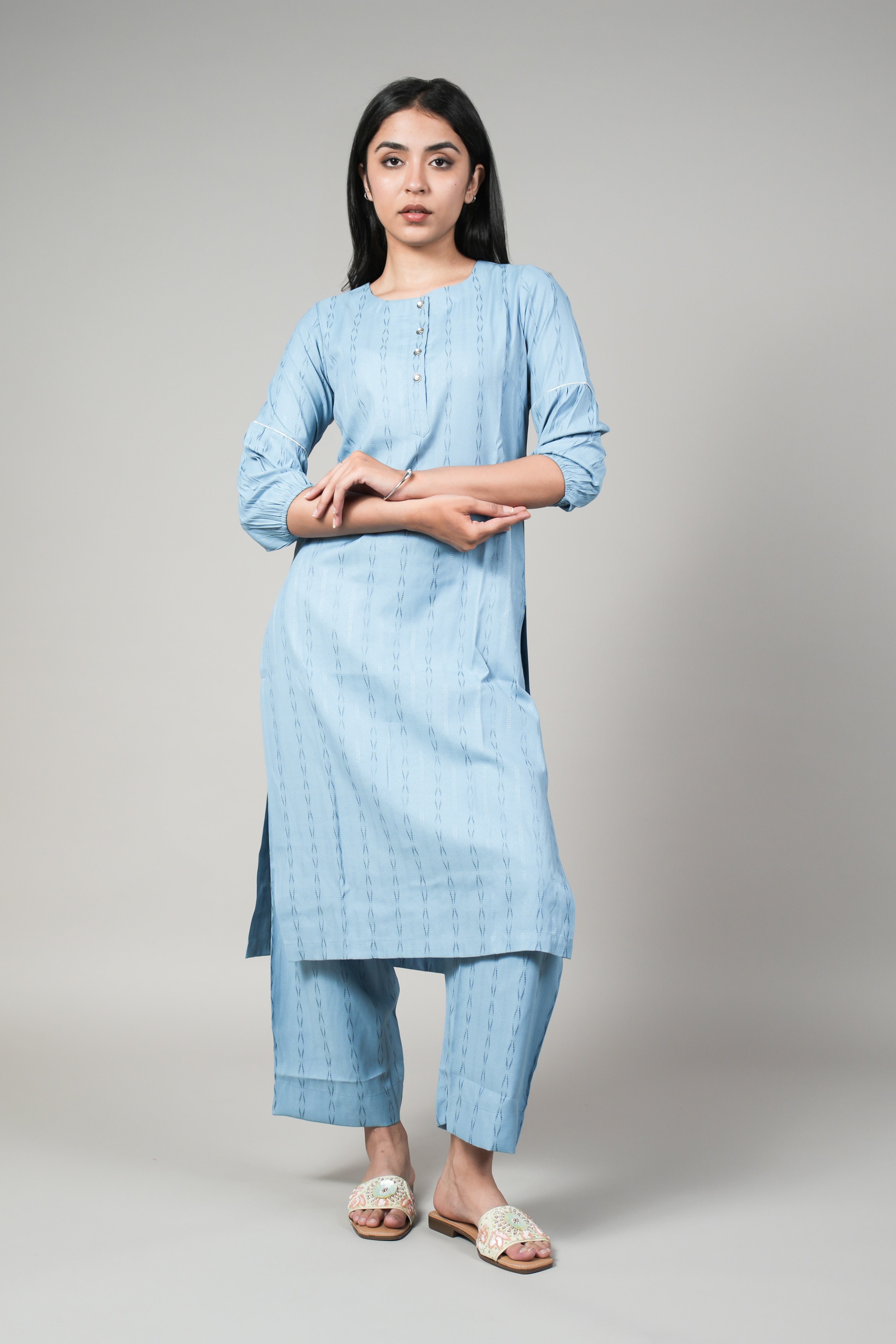 INAKSHINI Sky Blue Double Placket Kurta with Straight Pant | Kurti Set for Woman