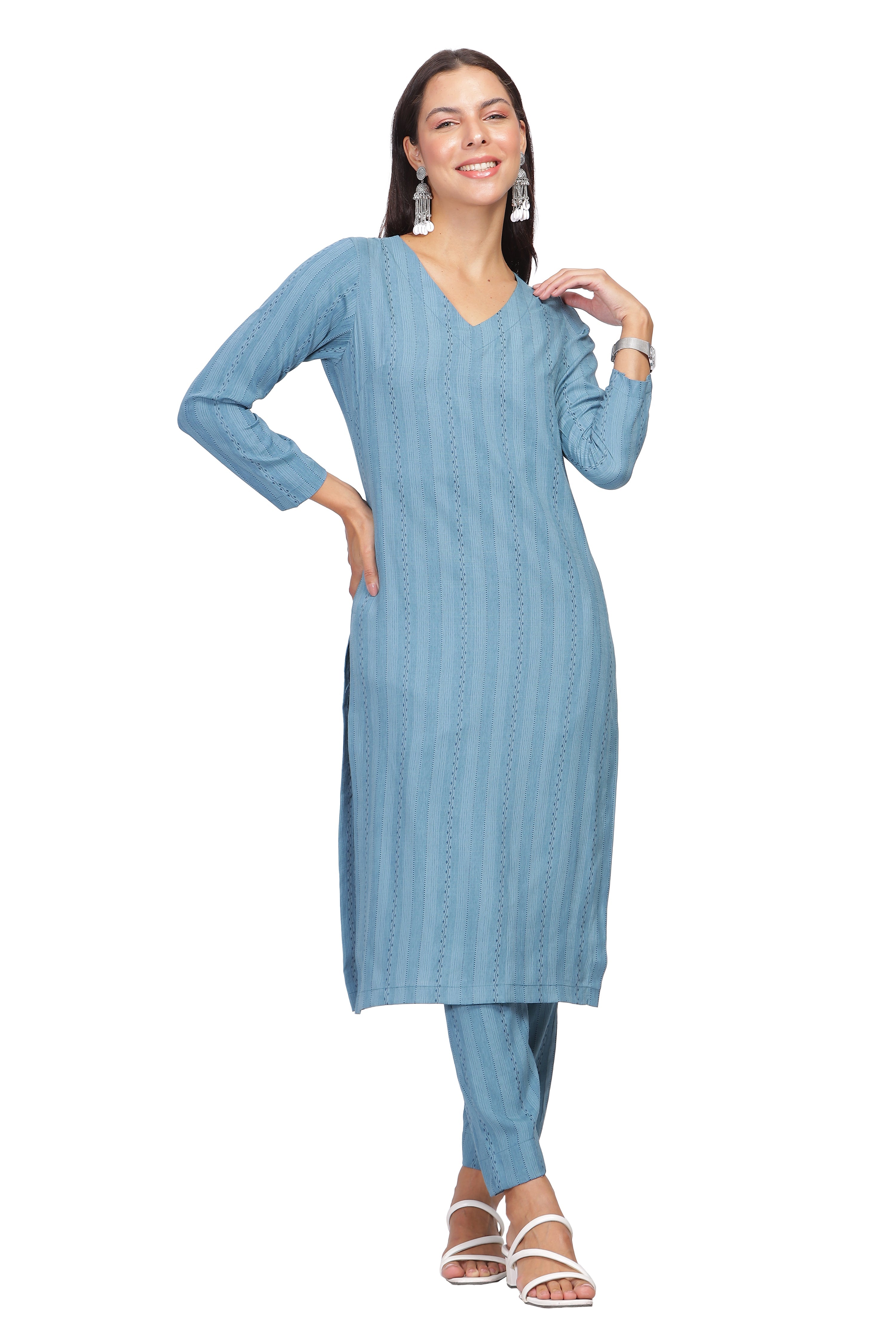 INAKSHINI Sky Blue V-Neck Kurti Set