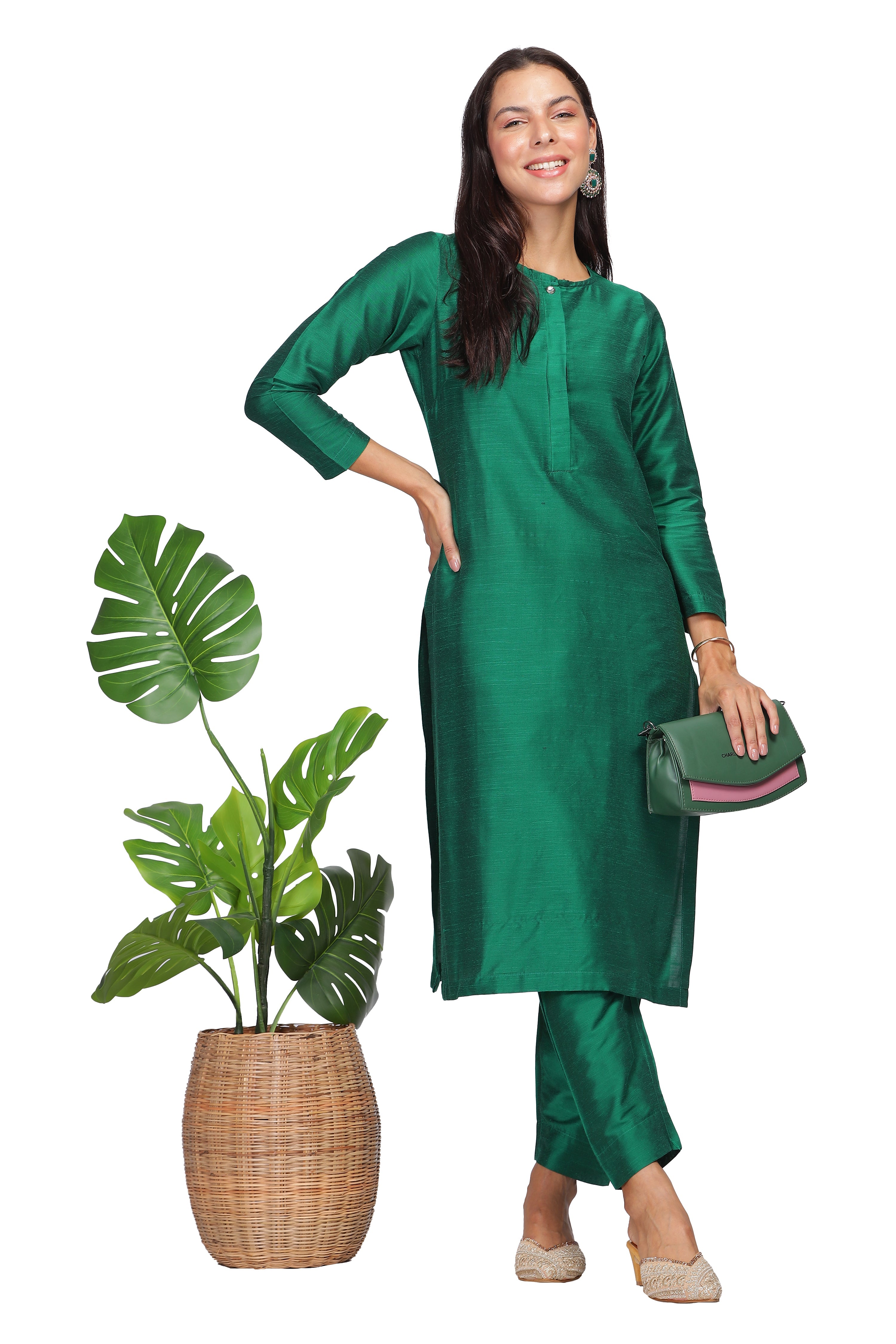 INAKSHINI Emerald Green Double Placket Kurti Set