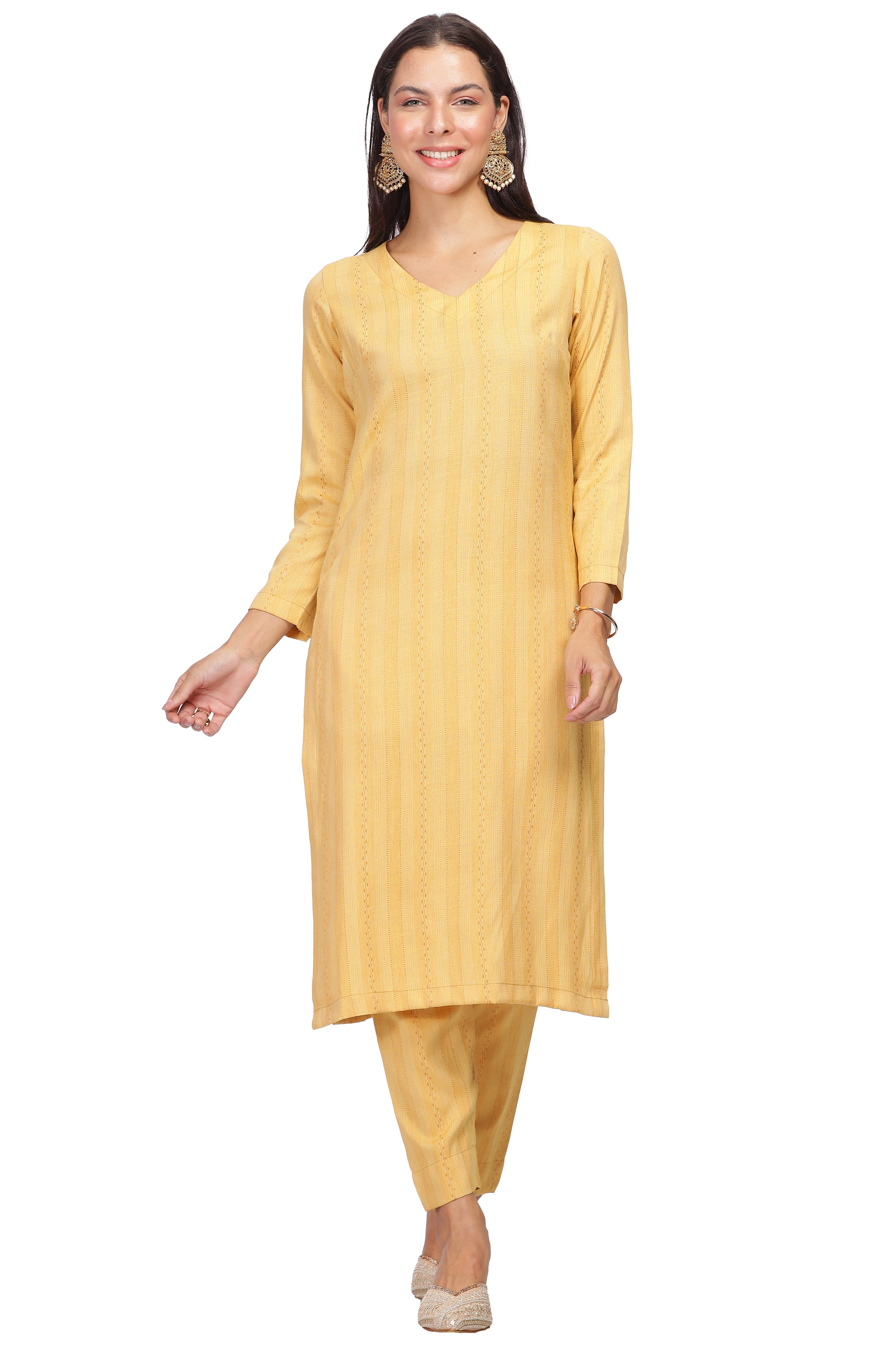 INAKSHINI Yellow V-Neck Kurti Set