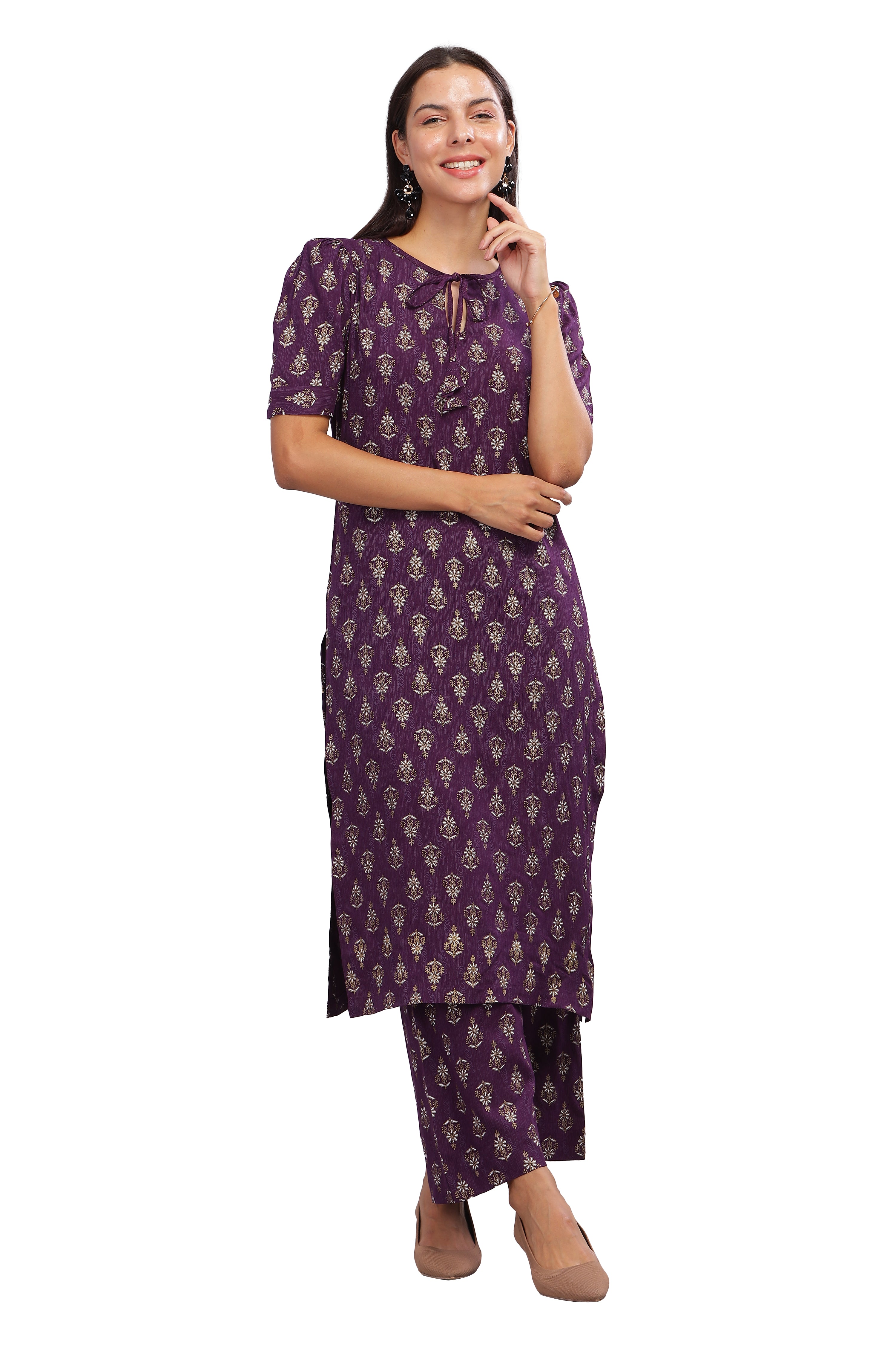 INAKSHINI Purple Foil print Kurti Set