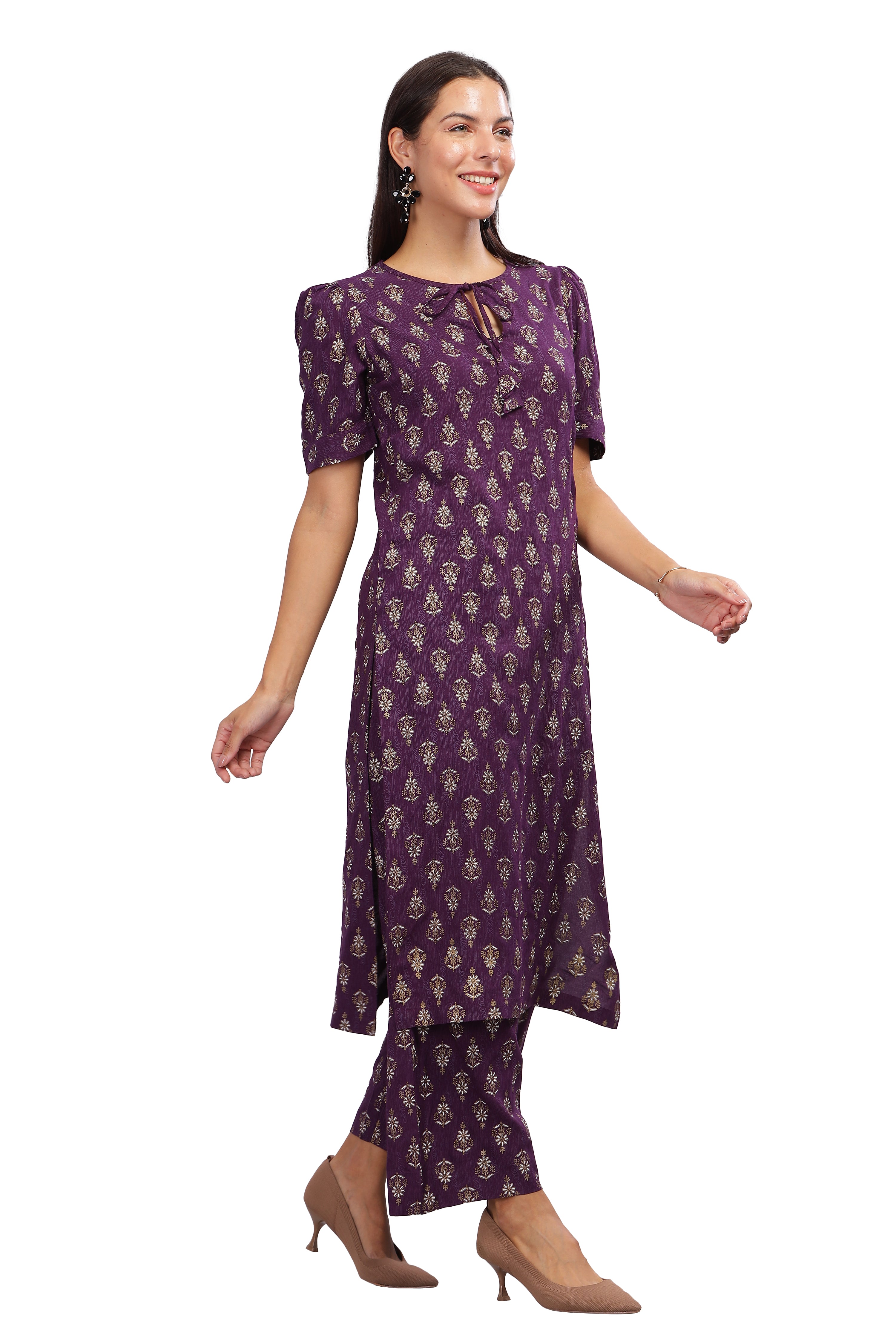 INAKSHINI Purple Foil print Kurti Set