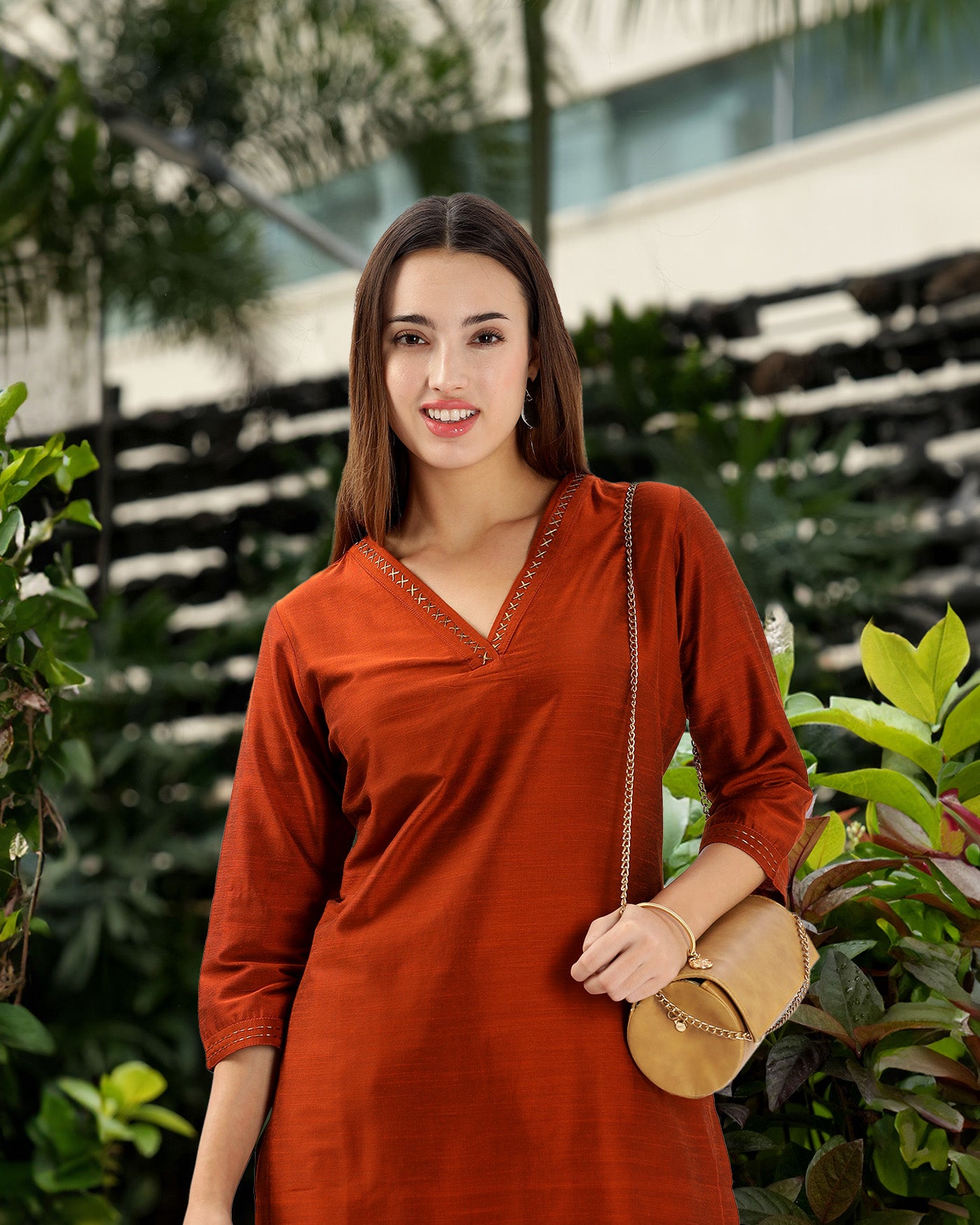 INAKSHINI Straight Rust Kurti Set