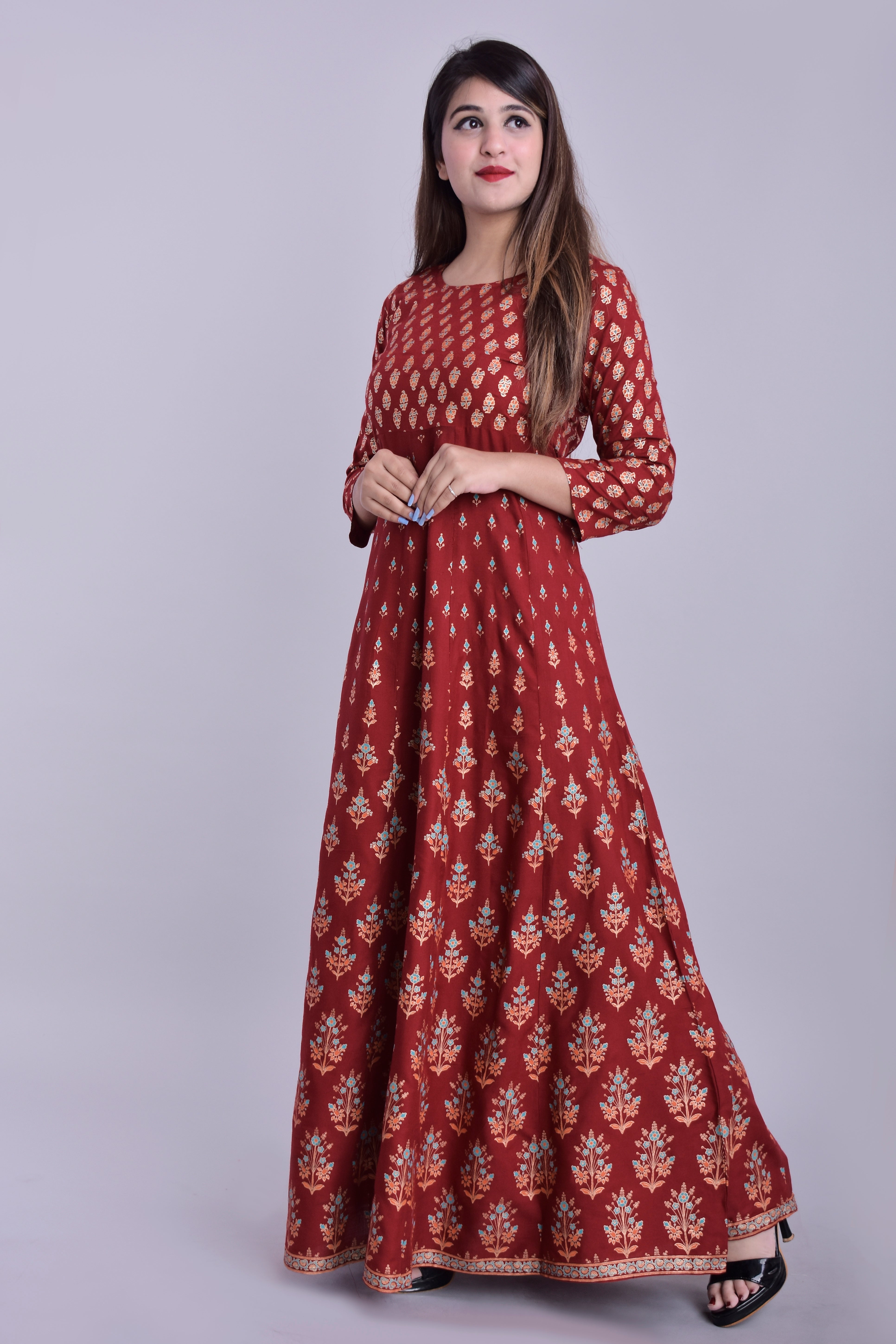 INAKSHINI Rust & Gold Foil Print Gown