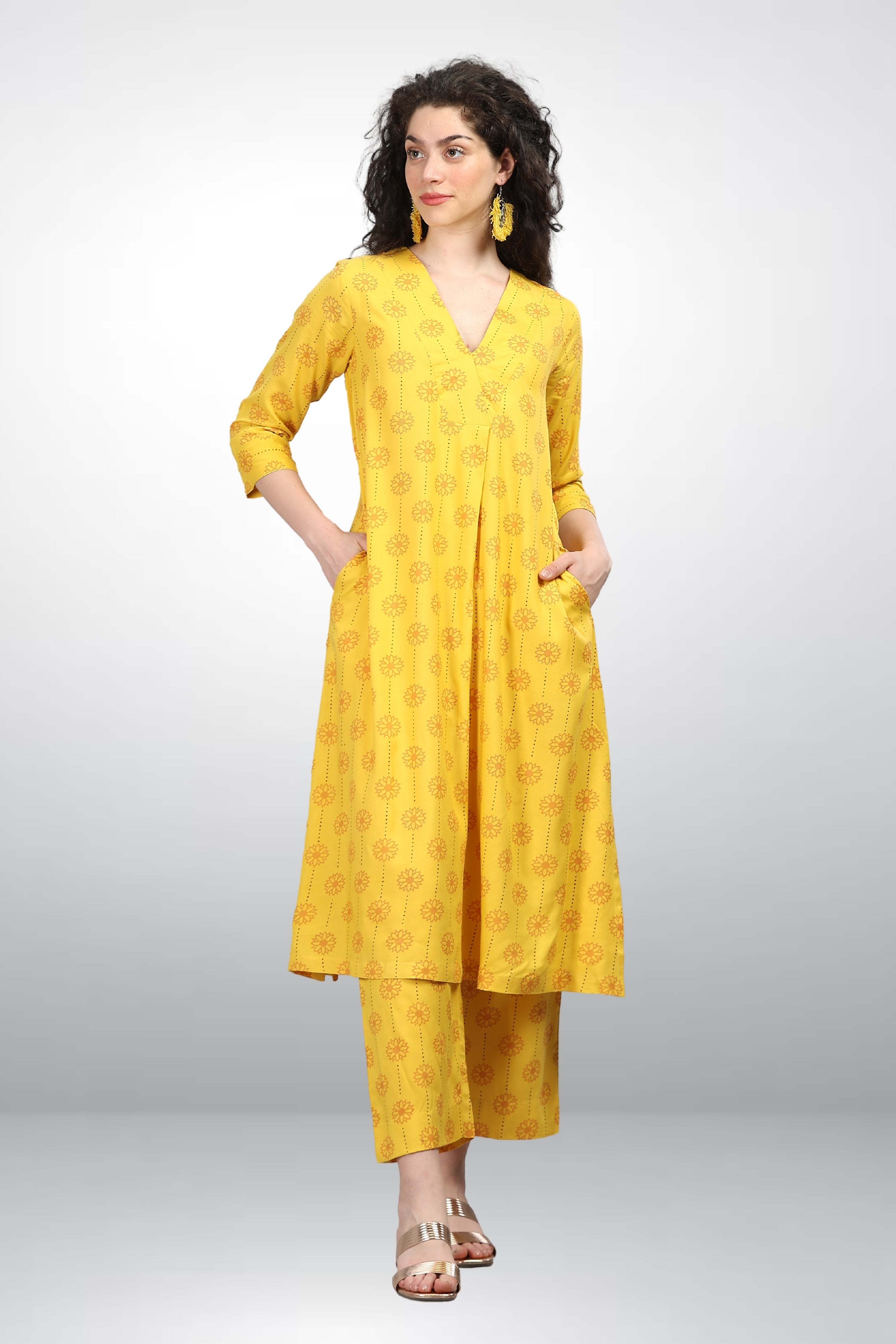 INAKSHINI Flared Mustard Kurti Set