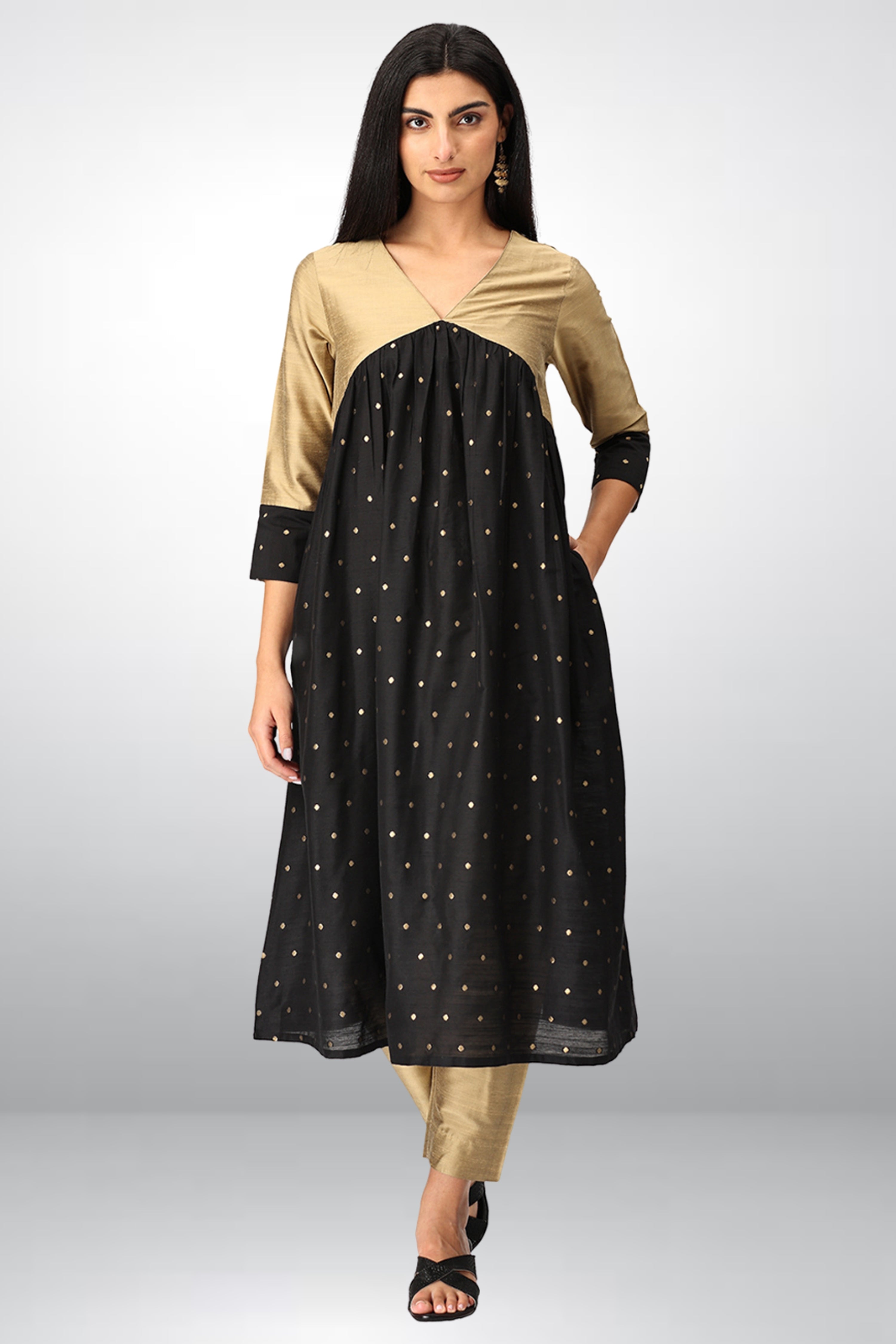 INAKSHINI Flared Black & Gold Kurti Set