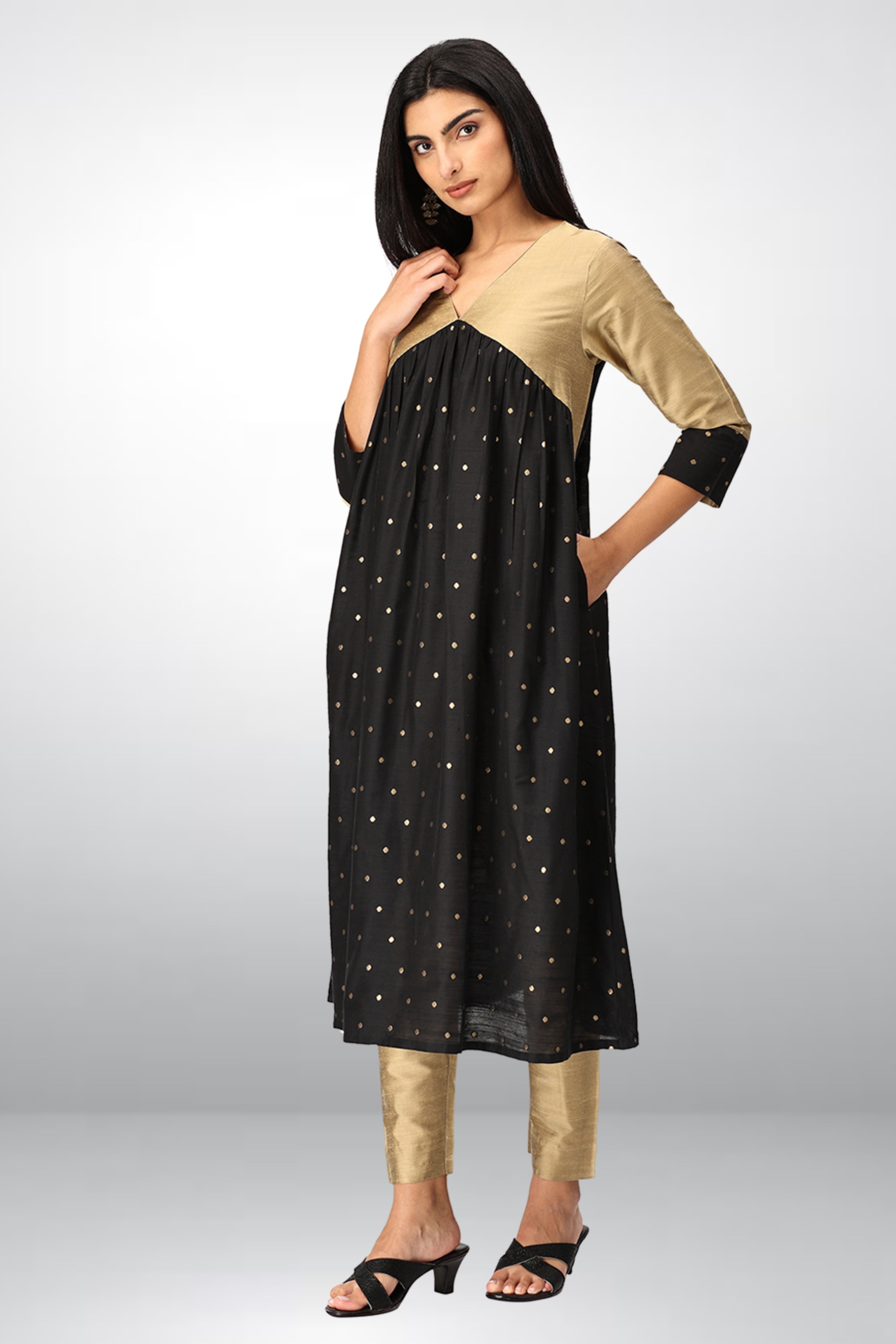 INAKSHINI Flared Black & Gold Kurti Set