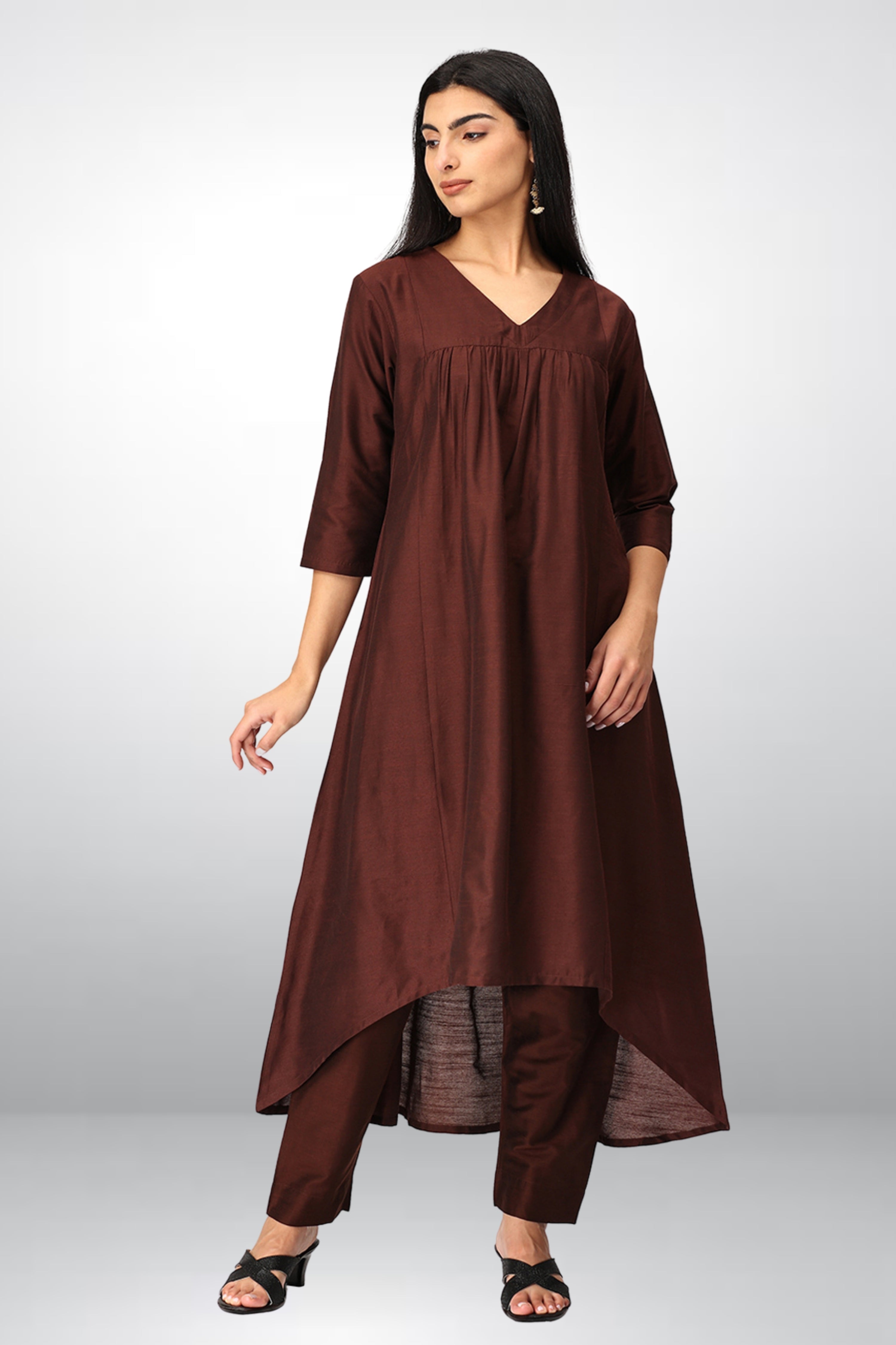 INAKSHINI Asymmetrical Solid Brown Kurti Set