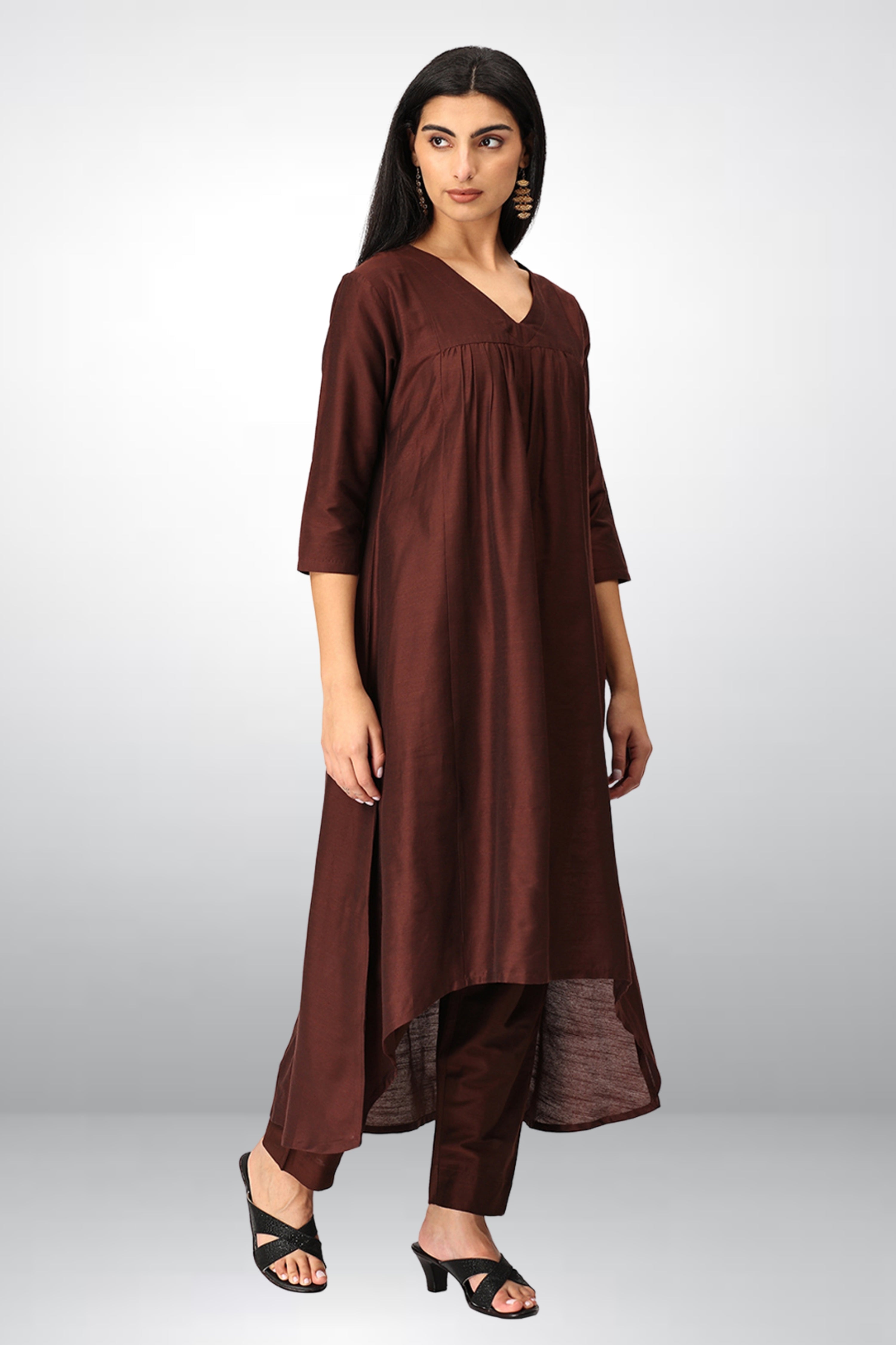 INAKSHINI Asymmetrical Solid Brown Kurti Set