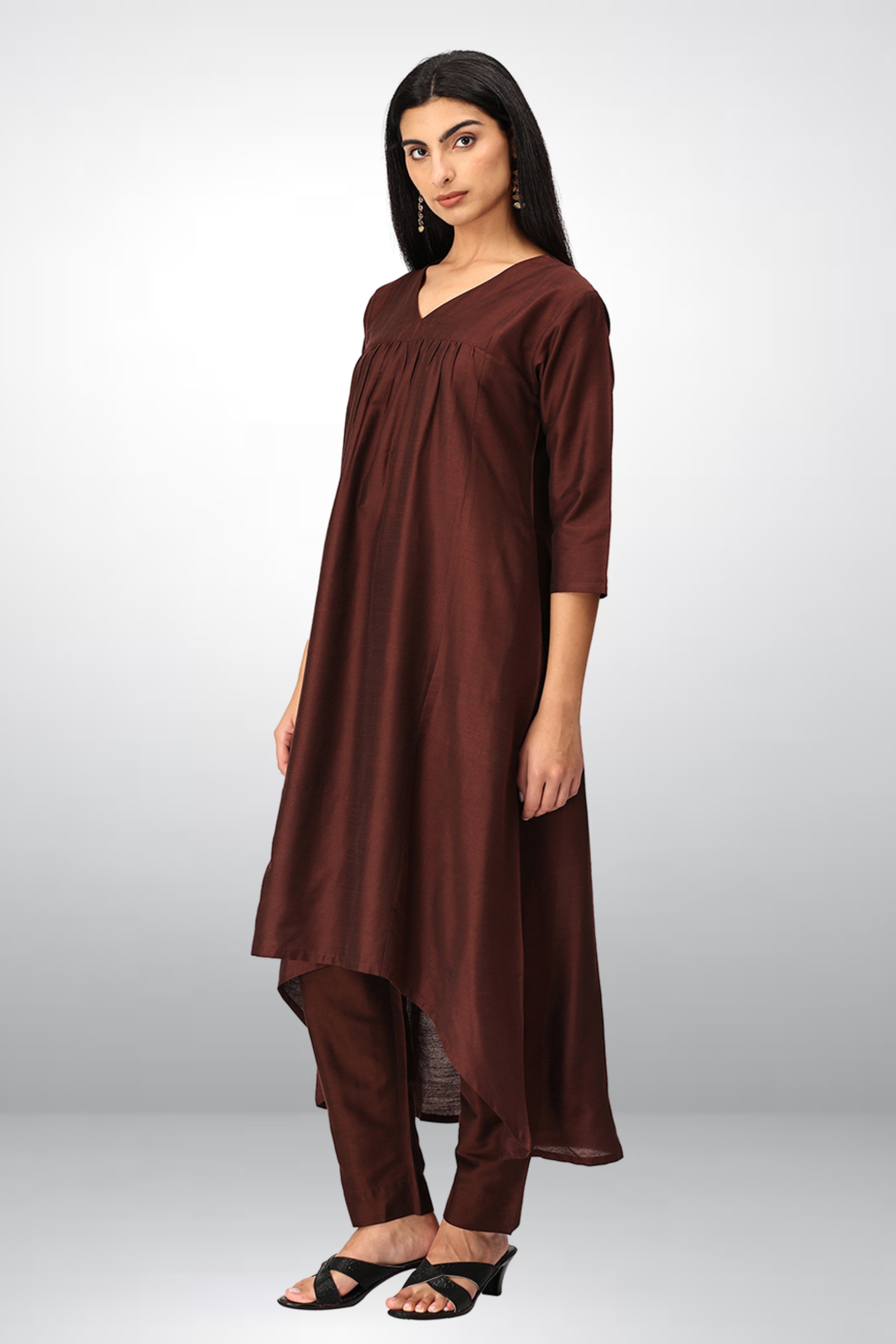 INAKSHINI Asymmetrical Solid Brown Kurti Set