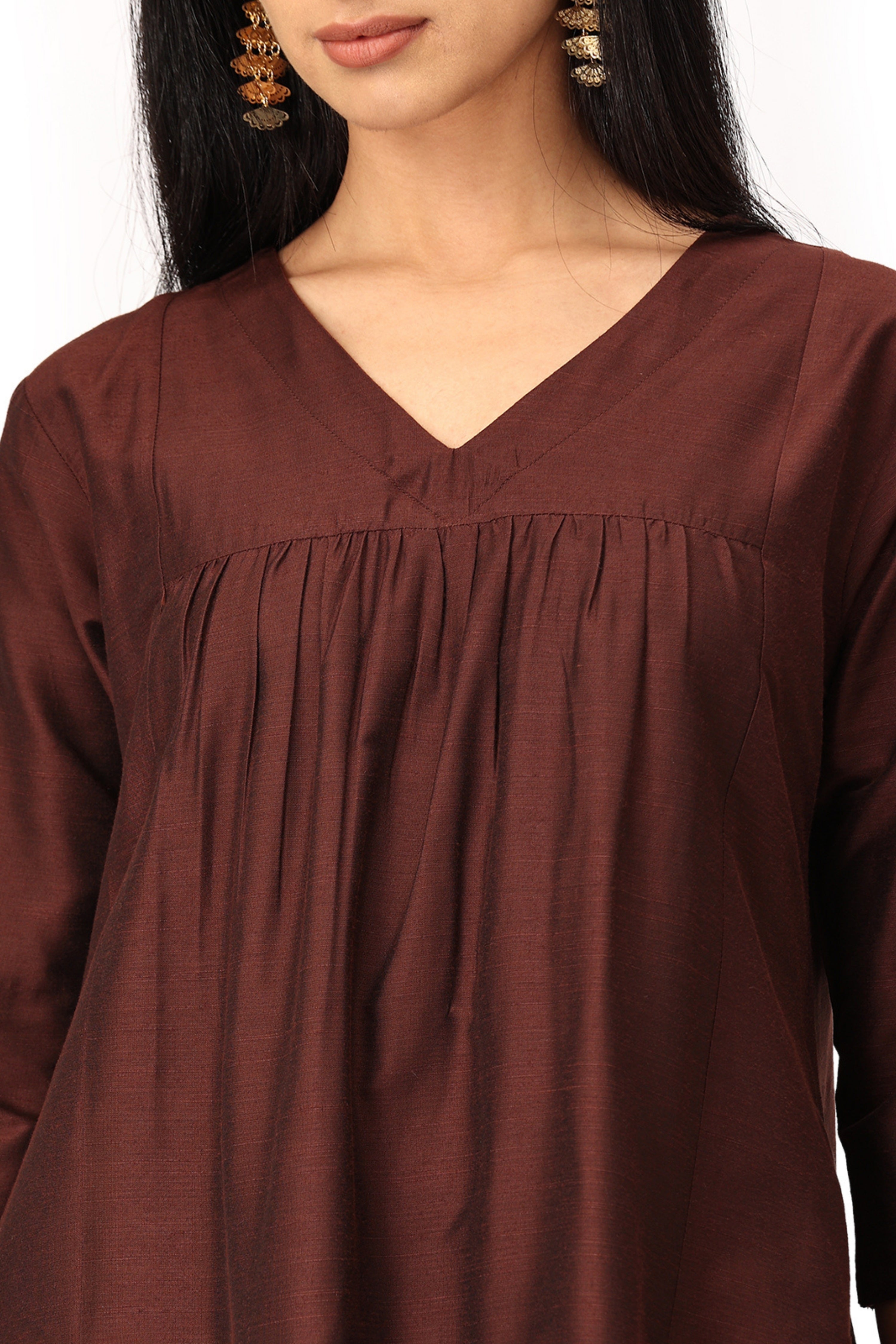 INAKSHINI Asymmetrical Solid Brown Kurti Set