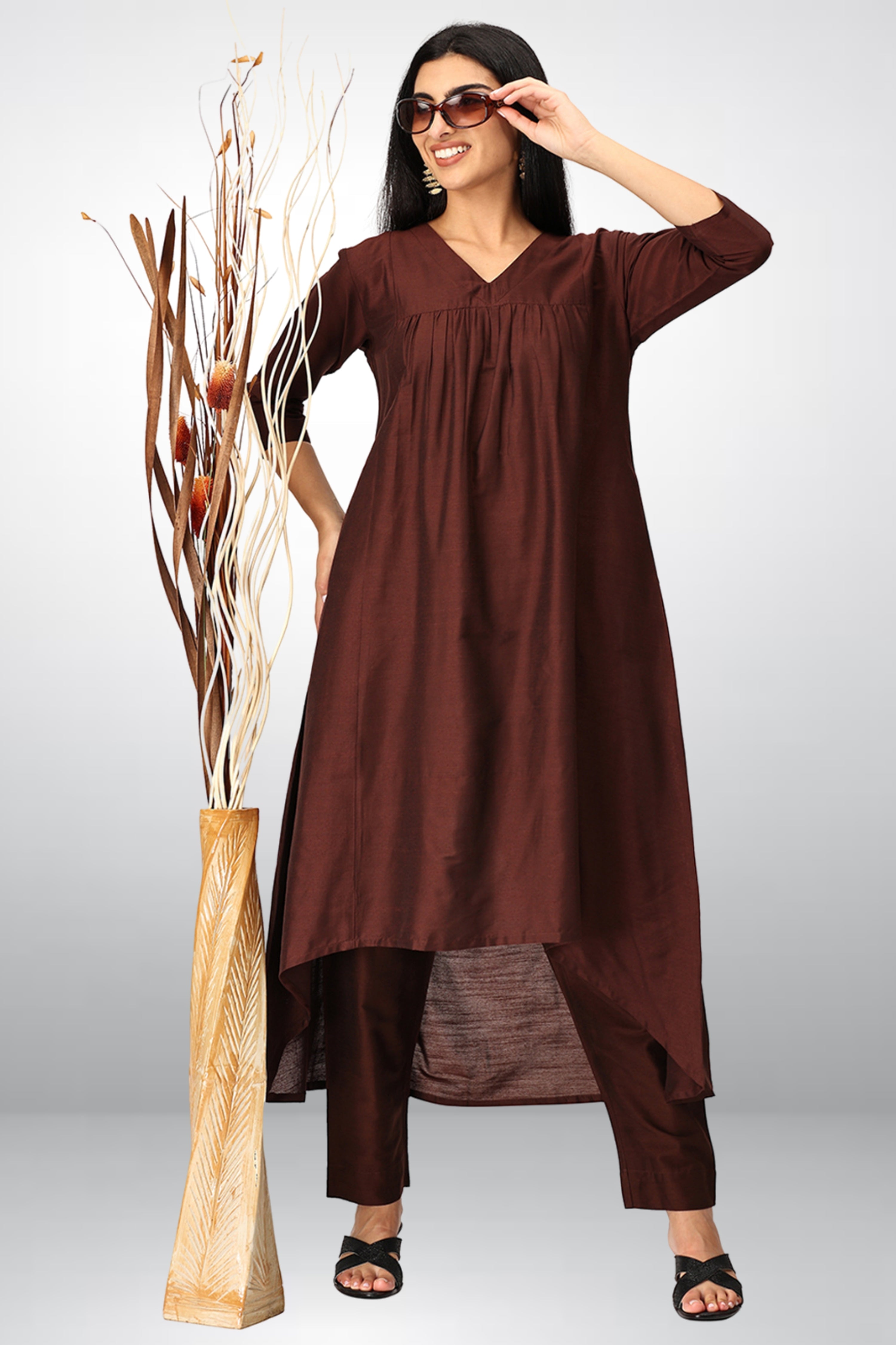 INAKSHINI Asymmetrical Solid Brown Kurti Set