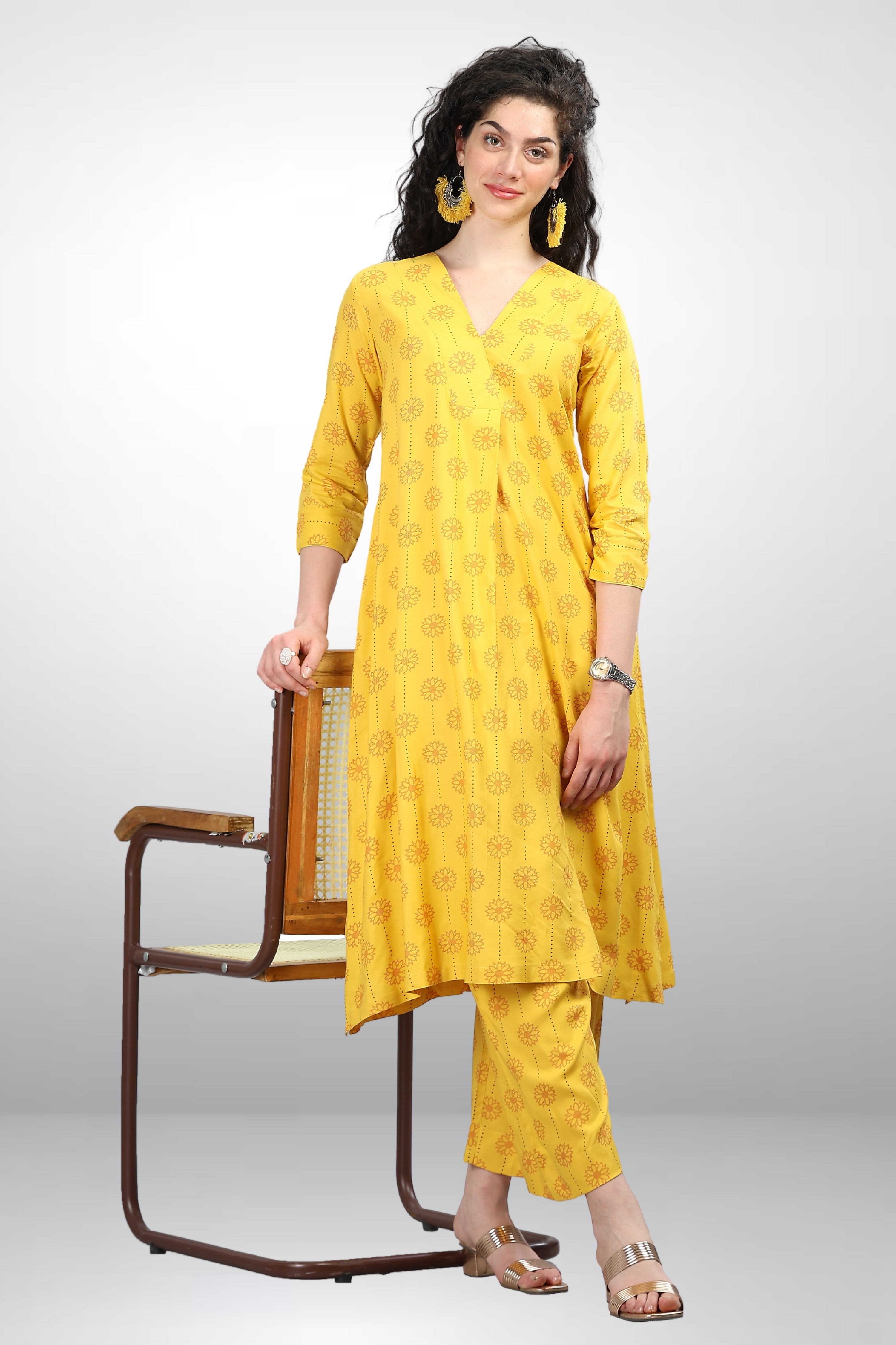 INAKSHINI Flared Mustard Kurti Set