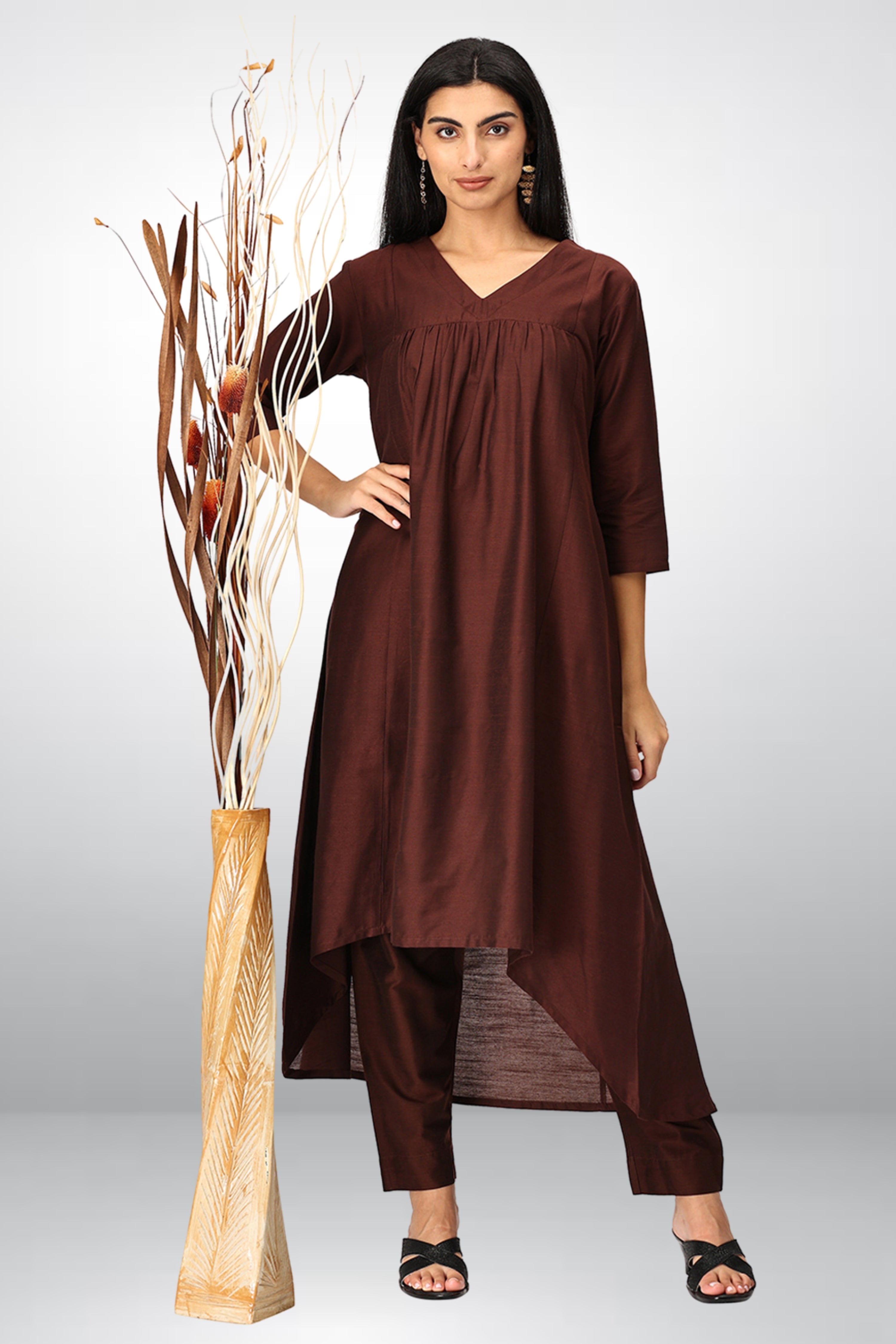 INAKSHINI Asymmetrical Solid Brown Kurti Set