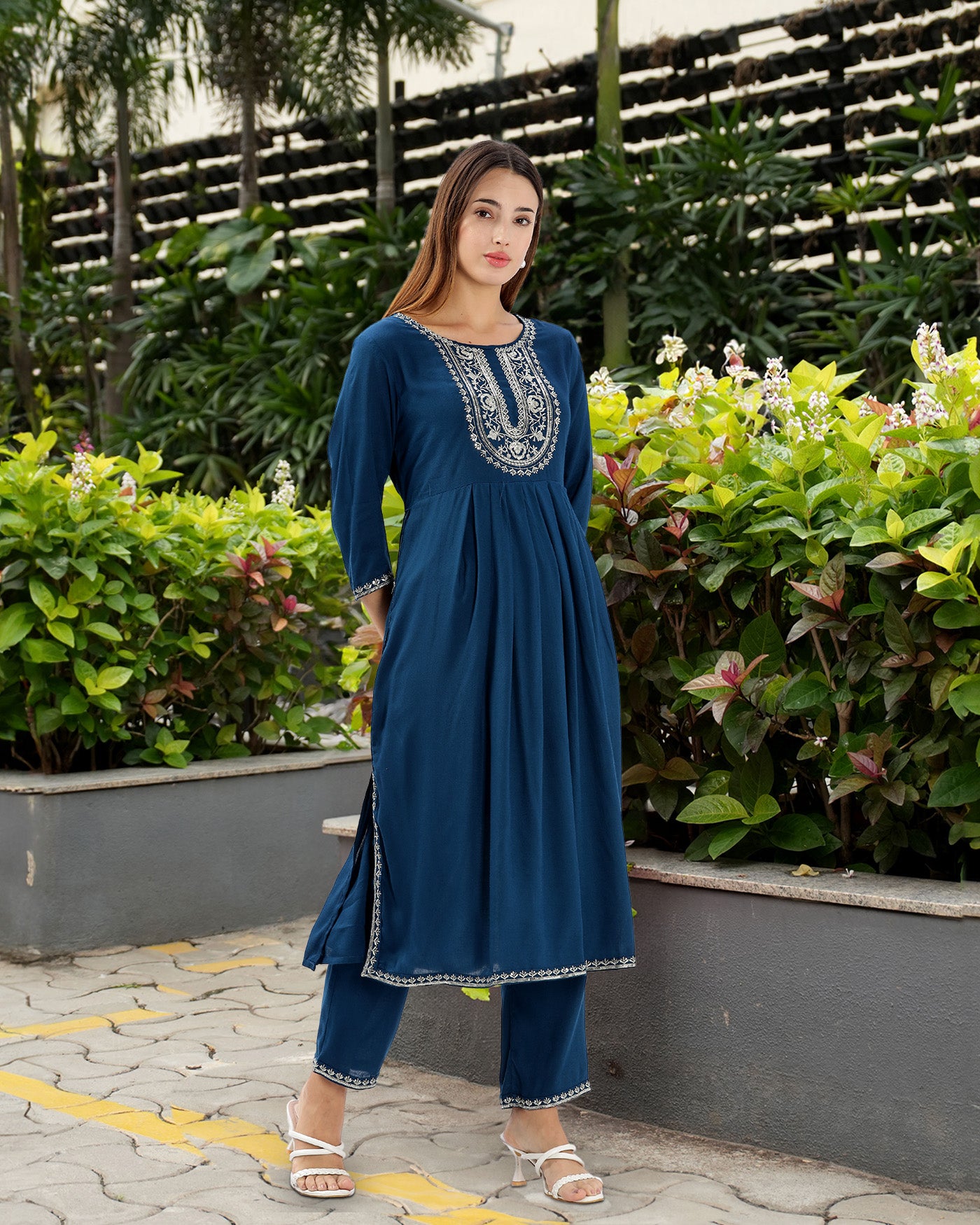 INAKSHINI Flared Cobalt Blue Kurta with Straight Pant | Kurti Set For Women